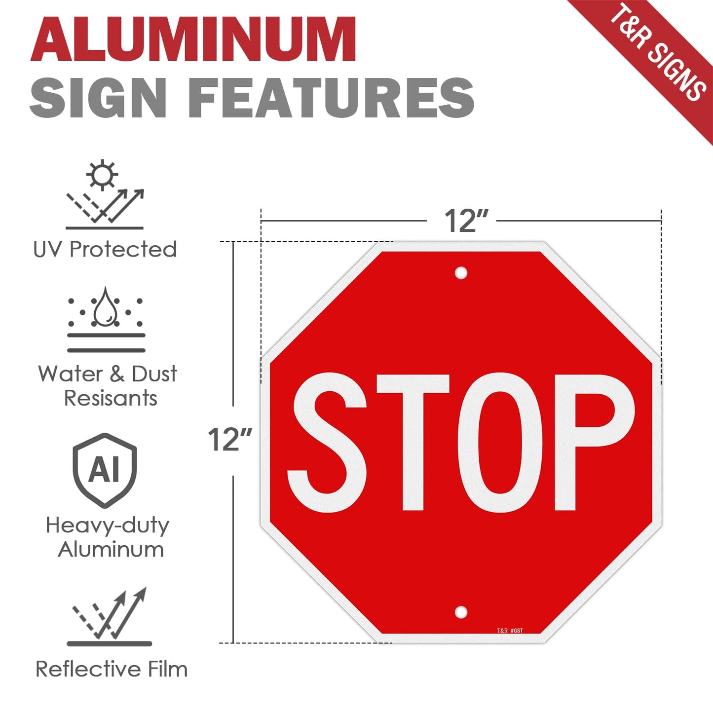 T&R (2 Pack) Stop Sign Street Road Sign 12 x 12 Inches, Rust Free .040 Aluminum Reflective, Weather Resistant, Waterproof, Fade Resistant, 2 Pre-drilled Holes