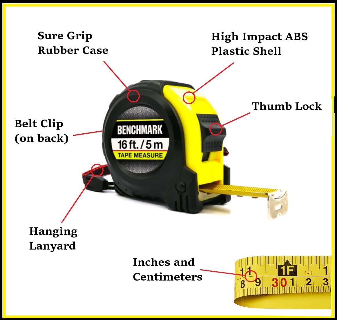 Benchmark - 4 Pack of Tape Measures - 16 ft (5 m) - Auto Rewind & Thumb Lock - Ensemble de 4 rubans à mesurer – 16 pi (5 m) – rétraction automatique, verrouillage au pouce - Pouces et en centimètres