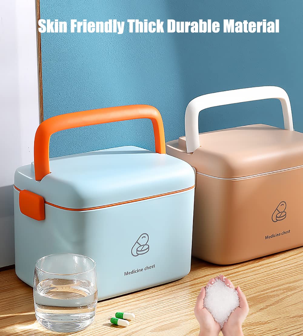 FOREVERIE Airtight Portable Small Medicine Storage Box with an Internal 2 Grid Tray, Family Essential Handled Empty Car First Aid Box, Household Emergency Box (Blue-Orange)