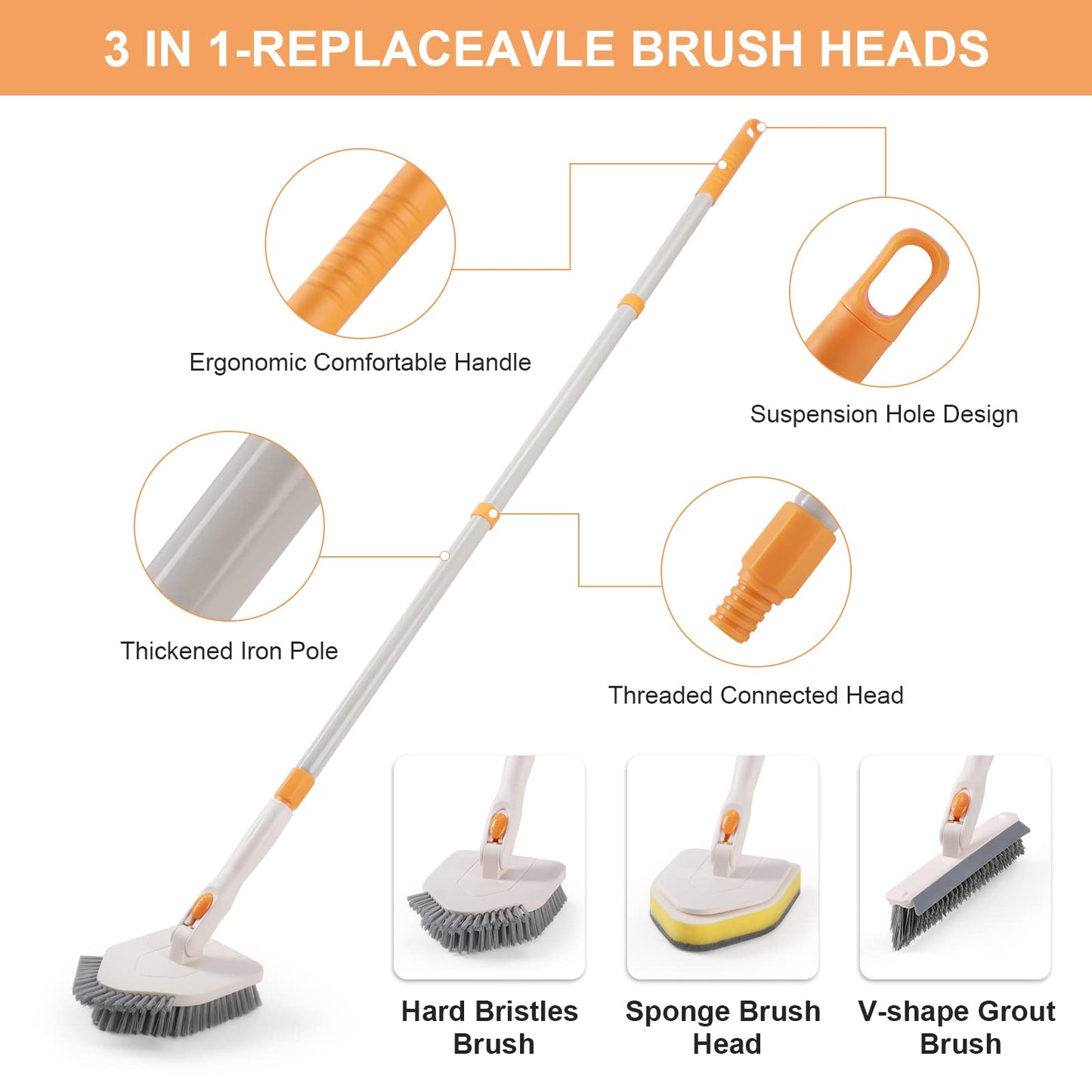 3 in 1 Shower Scrubber Cleaning Brush with 50'' Long Handle, FUUNSOO Tub & Tile Grout Brush Stiff Bristles Lock in Place Scrub Brush Head for Bathroom Kitchen Wall Floor Bathtub Sink Glass - Upgrade