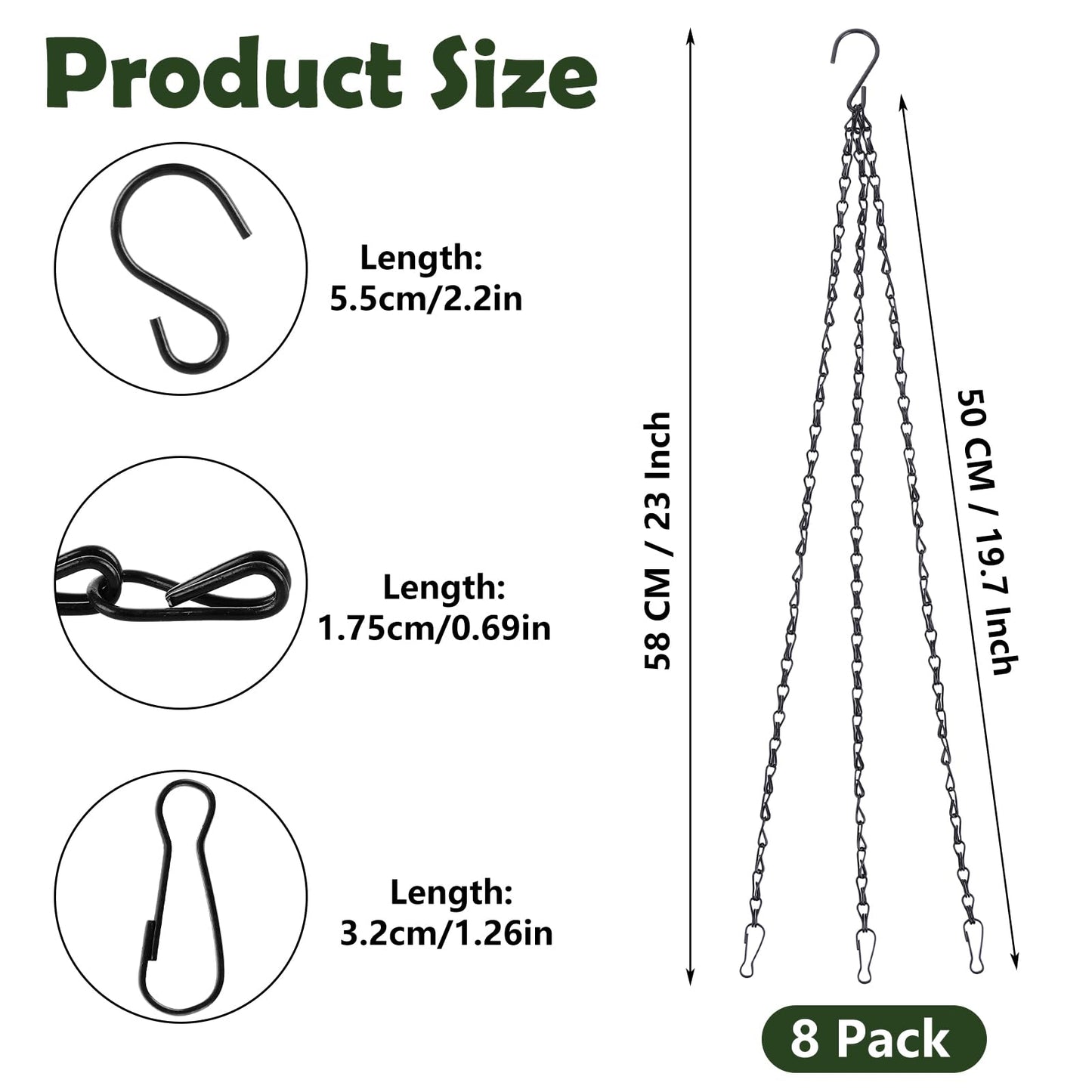 QTLCOHD 8 Pack 23 Inch Black Chain for Hanging Flower Plant Pot, Metal Planter Hangers with Hooks Clips for Bird Feeder, Lanterns and Indoor Outdoor Plant Garden Decorations