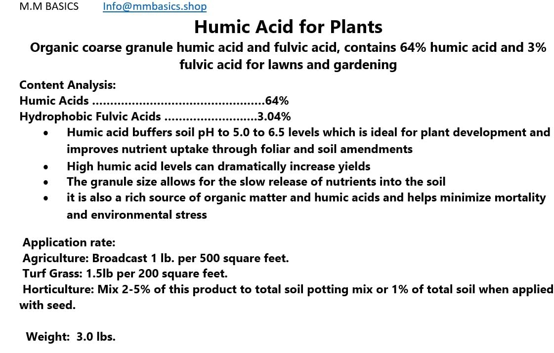 3 lbs.-Humic Acid for Plants-Organic Granule Raw Mineral Humic Acid 64% and Fulvic Acid 3%, for Lawns and Gardening 1.36 Kg (3 lbs.)