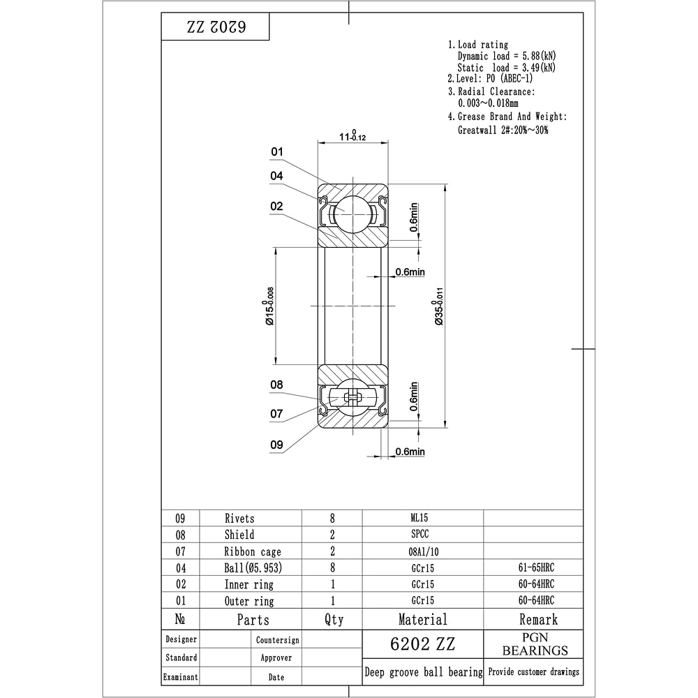 PGN (10 Pack) 6202-ZZ Bearing - Lubricated Chrome Steel Sealed Ball Bearing - 15x35x11mm Bearings with Metal Shield & High RPM Support