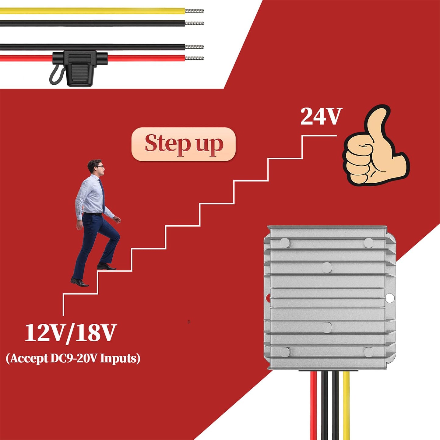12V to 24V DC Step Up Converter 15A 360W | Waterproof DC to DC Boost Converter | with Fuse for Safe Power | for Golf Cart, Truck, Car, Boat, LED, Solar, Audio Devices