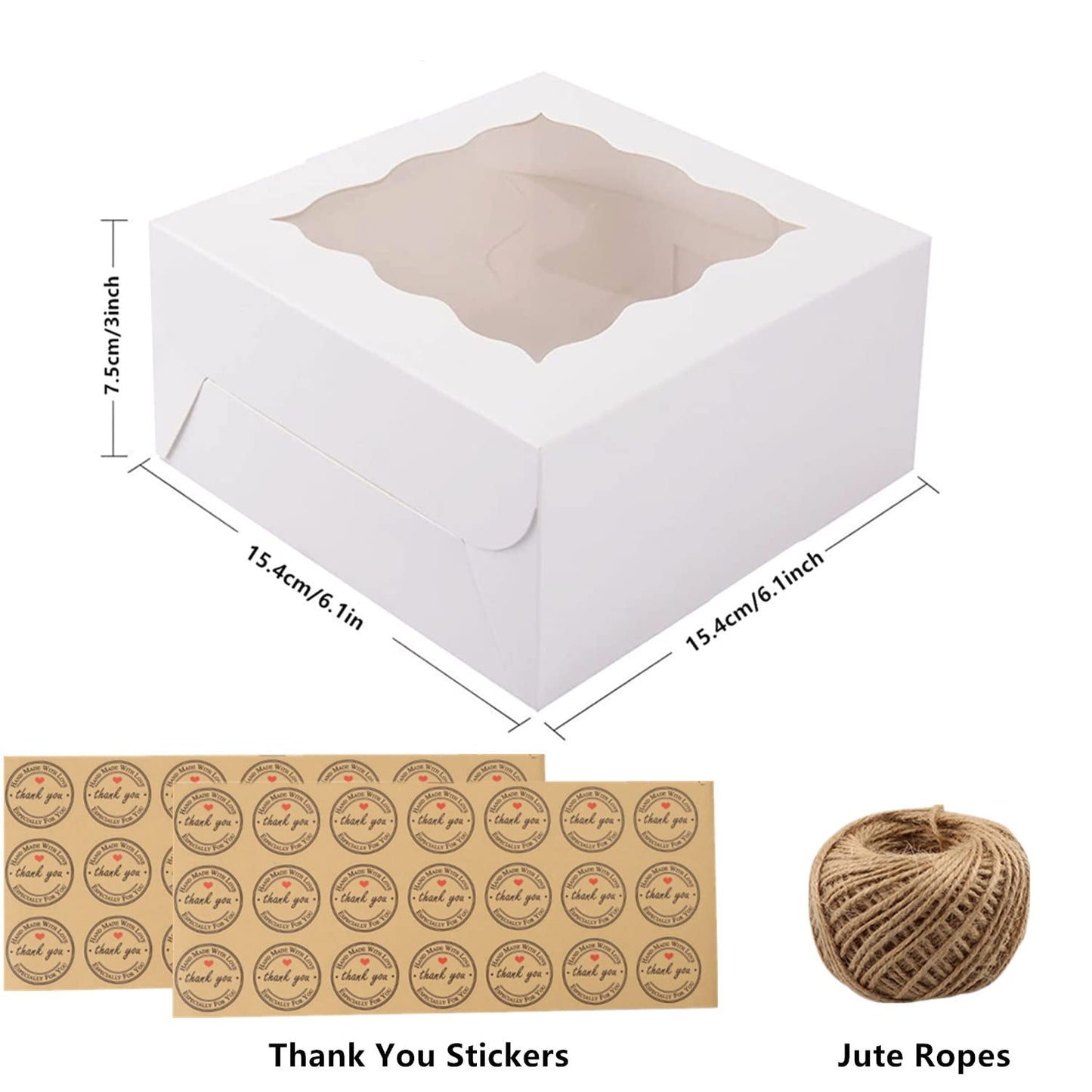GUIFIER 30 Pieces 6 inch Bakery Box with Window, Small Cake Boxes, Cookie Boxes 6x6x3 in, Single Pastry Box, Paper Treat Brownie Boxes Gift Boxes for Cakes, Cookies, Cupcakes, Pies, Donuts (White)