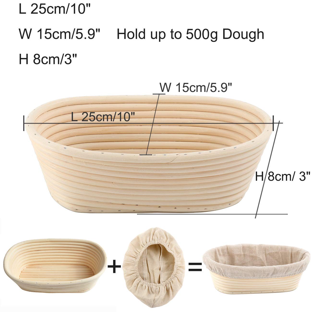 10" Oval Bread Proofing Basket Pack 2 Sourdough Bannetons Bortform Proving Rattan Basket Hold 500g Dough with Linen Liner Cloth