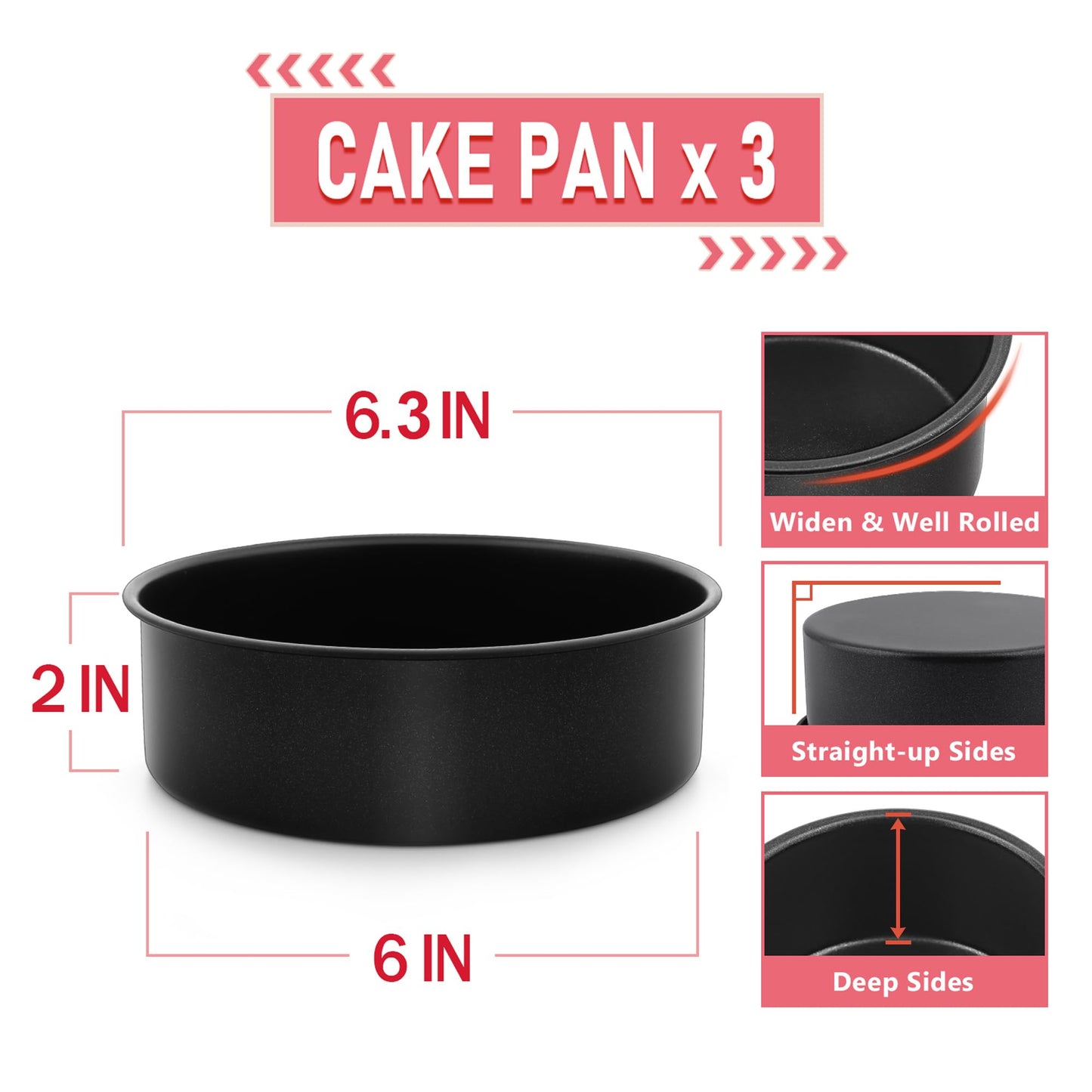6 Inch Cake Pan Set of 3, E-far Nonstick Stainless Steel Small Round Cake Pans Tin for Baking Layer Cakes, Stainless Steel Core & Non-Toxic Coating, Straight Side & 2 Inch Deep