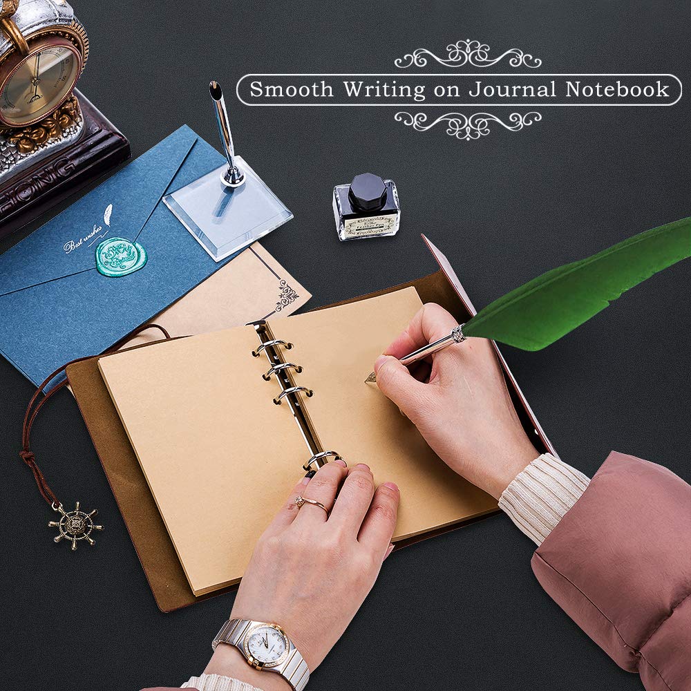 Quill Pen,Natural Handcrafted Calligraphy Pen Set, Antique Dip Luxury Feather Pen and Ink Set with Writing Pen, 5 Replacement Nibs, Pen Nib Base, Notebook, 1 Ink and Gift Box, Green