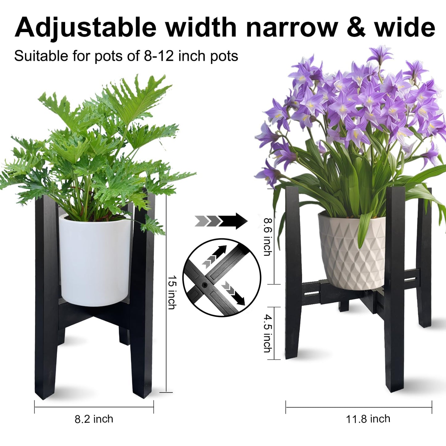 Adjustable Plant Stand Indoor Bamboo Mid Century Modern Plants Stand Corner Plants Flower Holders Single Floor Plant Stands- 8.2-11.8 in (Pot & Plant Not Included) (Black, 8.2-11.8in)
