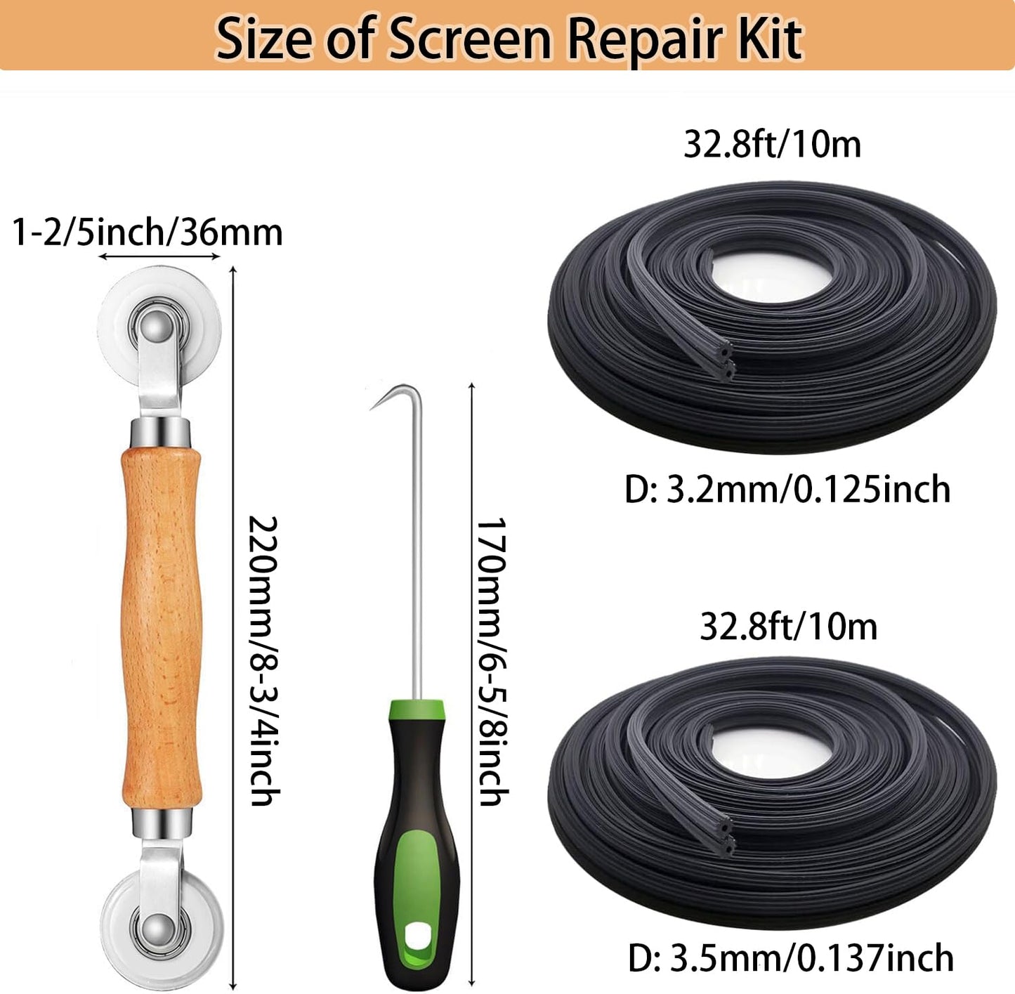 Screen Door Repair Kit Replaceable, 47" x118" Window Screen Repair Kit,Fiberglass Screen Door Mesh with 64ft Spline/Hook/Rolling Tool for Patio Door, Sliding Screen Door Pet Door (120x300cm, Black)
