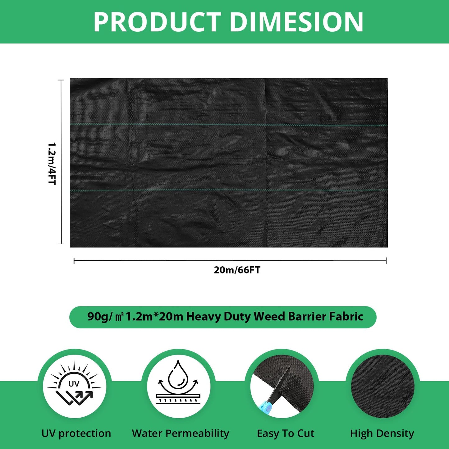 4FT x 66FT Garden Weed Barrier Landscape Fabric,Phiocxem Heavy Duty Garden Weed Control Cloth,Breathable Woven Geotextile Fabric Ground Cover for Gardening, Farming(Black 1.2m x 20m)