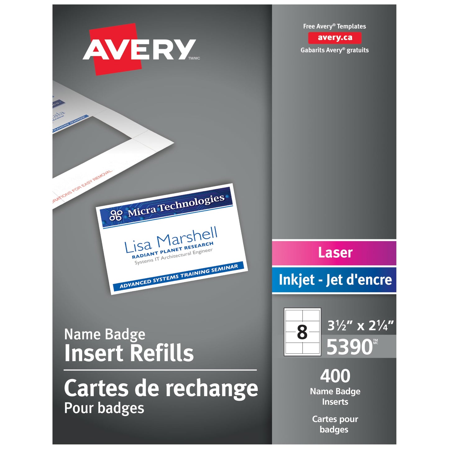 Avery Name Badge Inserts, 2.25" x 3.5", Print or Write, for Laser/Inkjet Printers, 400 Badge Inserts, (5390)