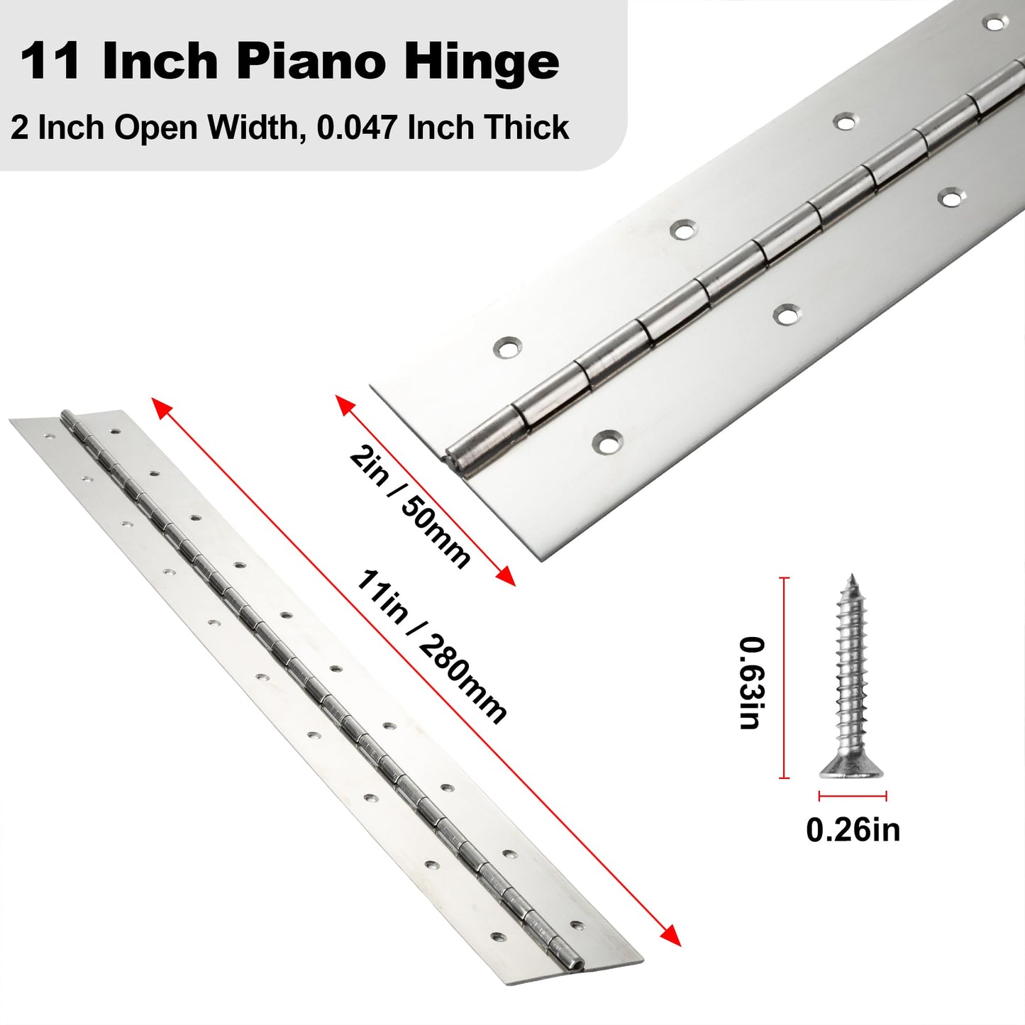 2 Pack Heavy Duty Piano Hinge 11 Inch x 2 Inch Width, 0.047'' Thick Stainless Steel Continuous & Piano Hinge for Cabinet, Door, Toolbox, Wooden Box, Metal Plate, Furniture, Industrial Project