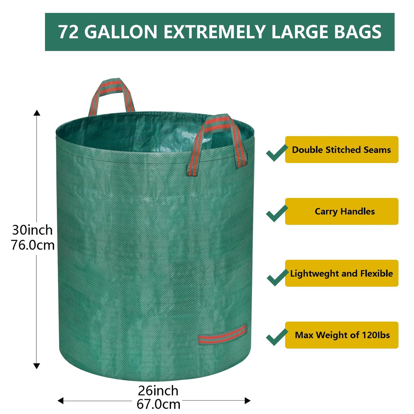 Doubleggs Reusable Yard Waste Bags, 72 Gallon Lawn and Leaf Bags 4 Pack with Reinforced Handles and Gardening Gloves, Heavy Duty Standable Garden Waste Bags for Leaves, Grass, Camping, Recycling