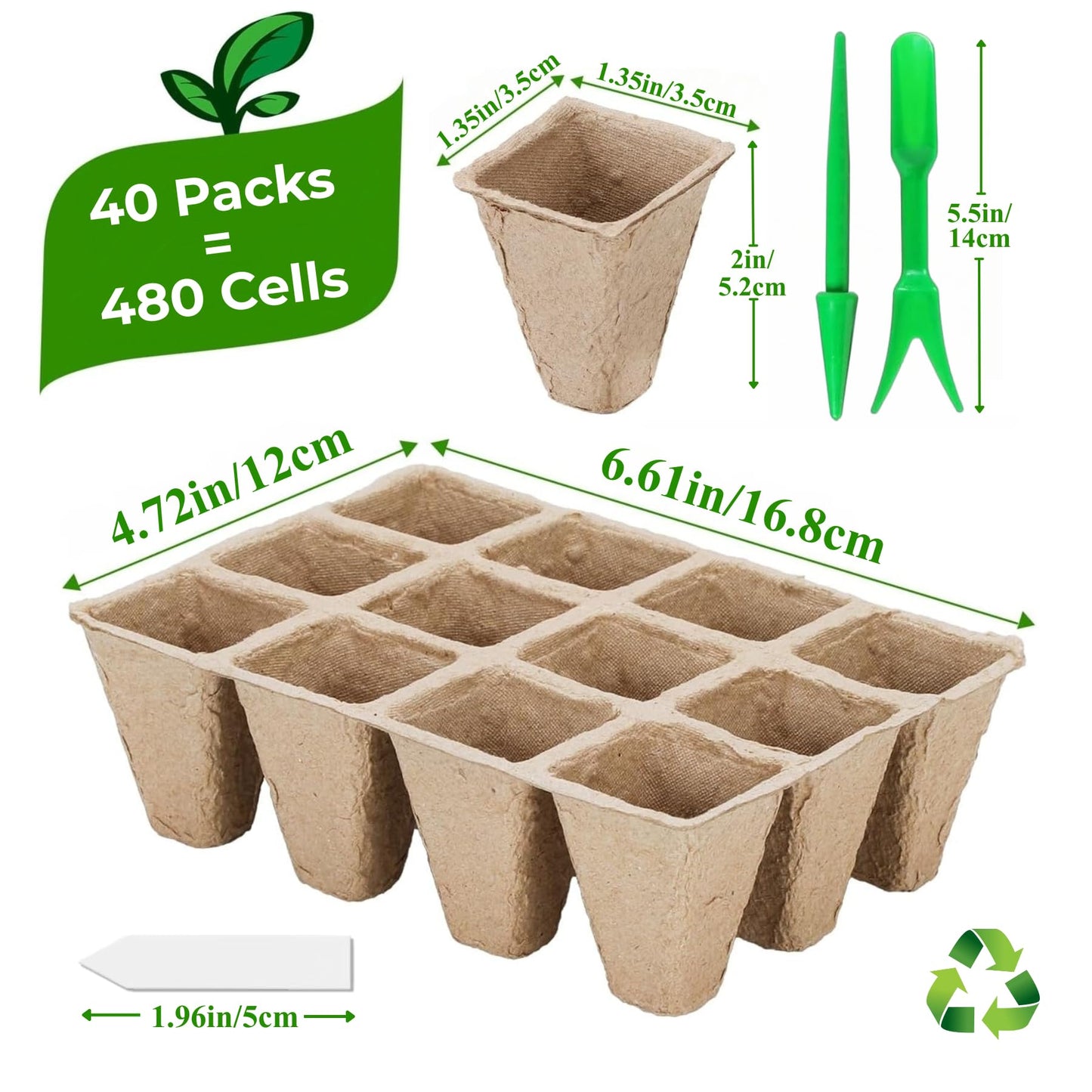 40 Packs Peat Pots Seed Starter Tray, 480 Cells Biodegradable Seedling Pots Germination Trays, Plant Starter Tray for Seedling, Organic Seed Starting Trays kit with Labels & 2 Transplant Tools (40)