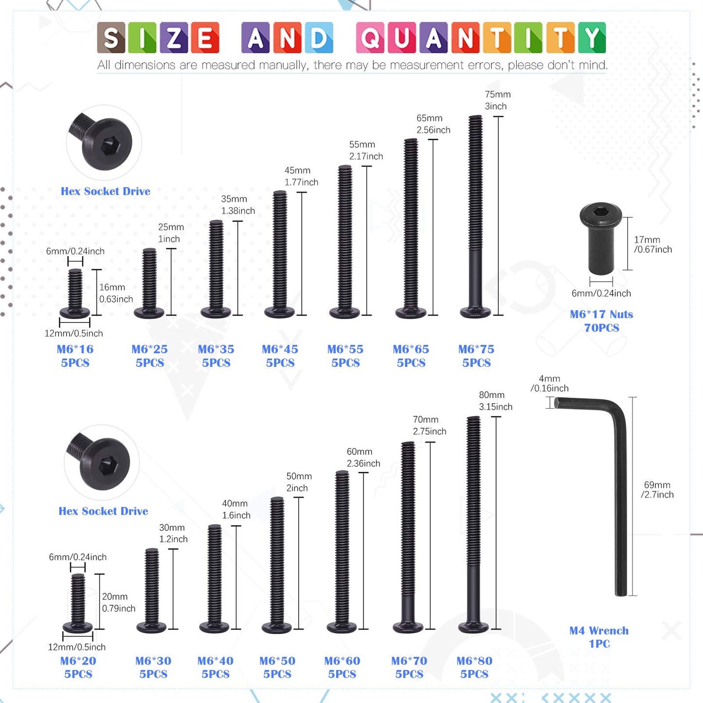 Glarks 141Pcs M6x16/ 20/25/ 30/35/ 40/45/ 50/55/ 60/65/ 70/75/ 80mm Black Hex Drive Socket Cap Bolts Kit, Countsunk Furniture Crib Bolts Nuts Screws for Chair Table Cabinets