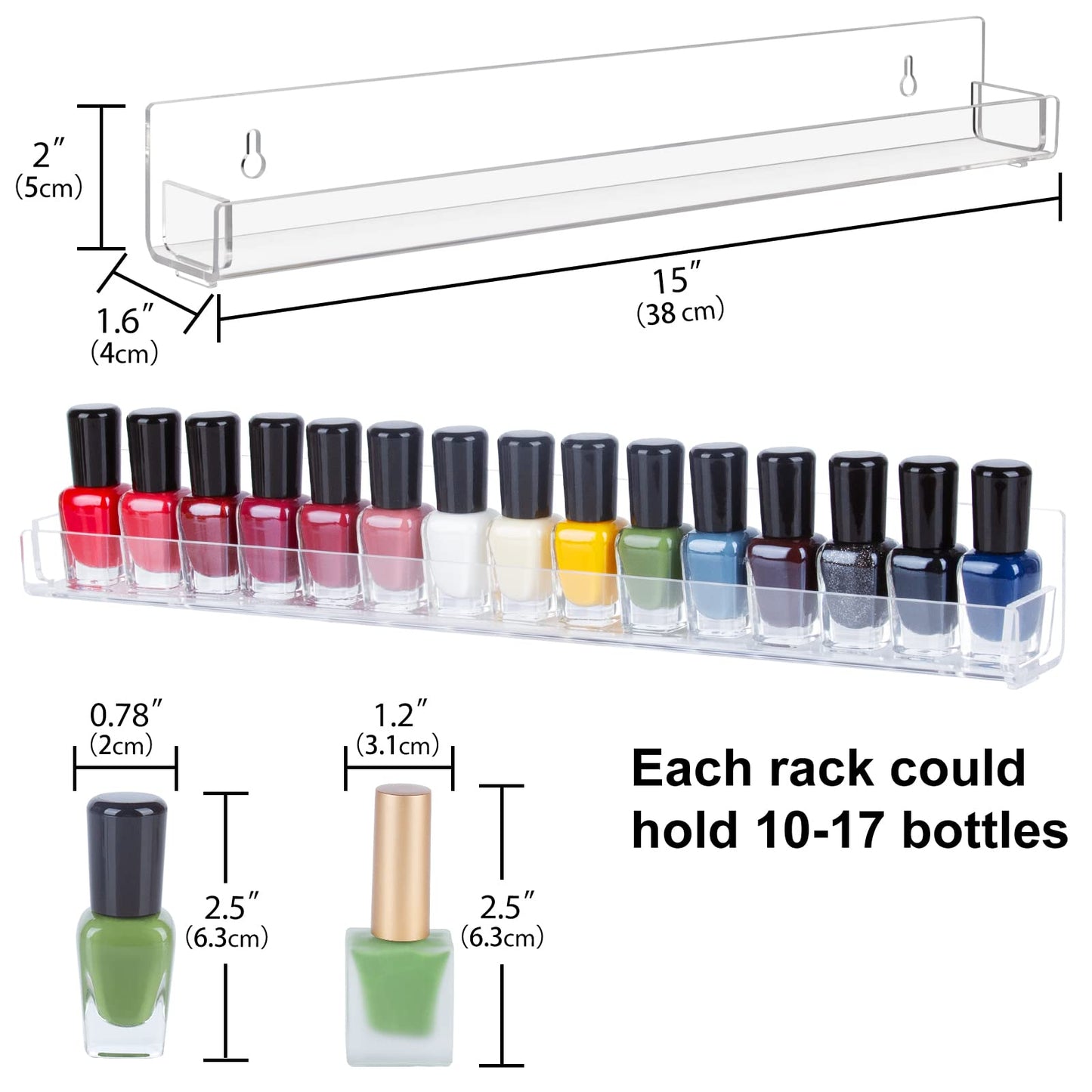 AMEITECH 6 Pack Acrylic Nail Polish Rack, Clear Wall Mounted Shelf Holder 90 Bottles, Nail Polish Organizer and Storage with Anti-Slip End Inserts, 15 Inch