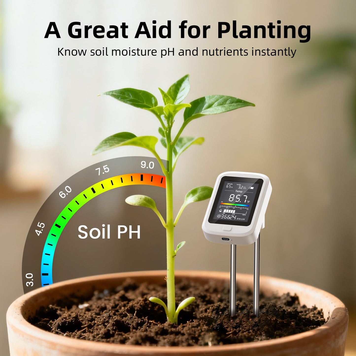 6-in-1 Soil Test Kit for Gardening Deals,2026 Rechargeable Digital pH Meter/Temperature/Sunlight/Fertility/Environmental and Soil Moisture Meter with LCD Display for Indoor/Outdoor Plants