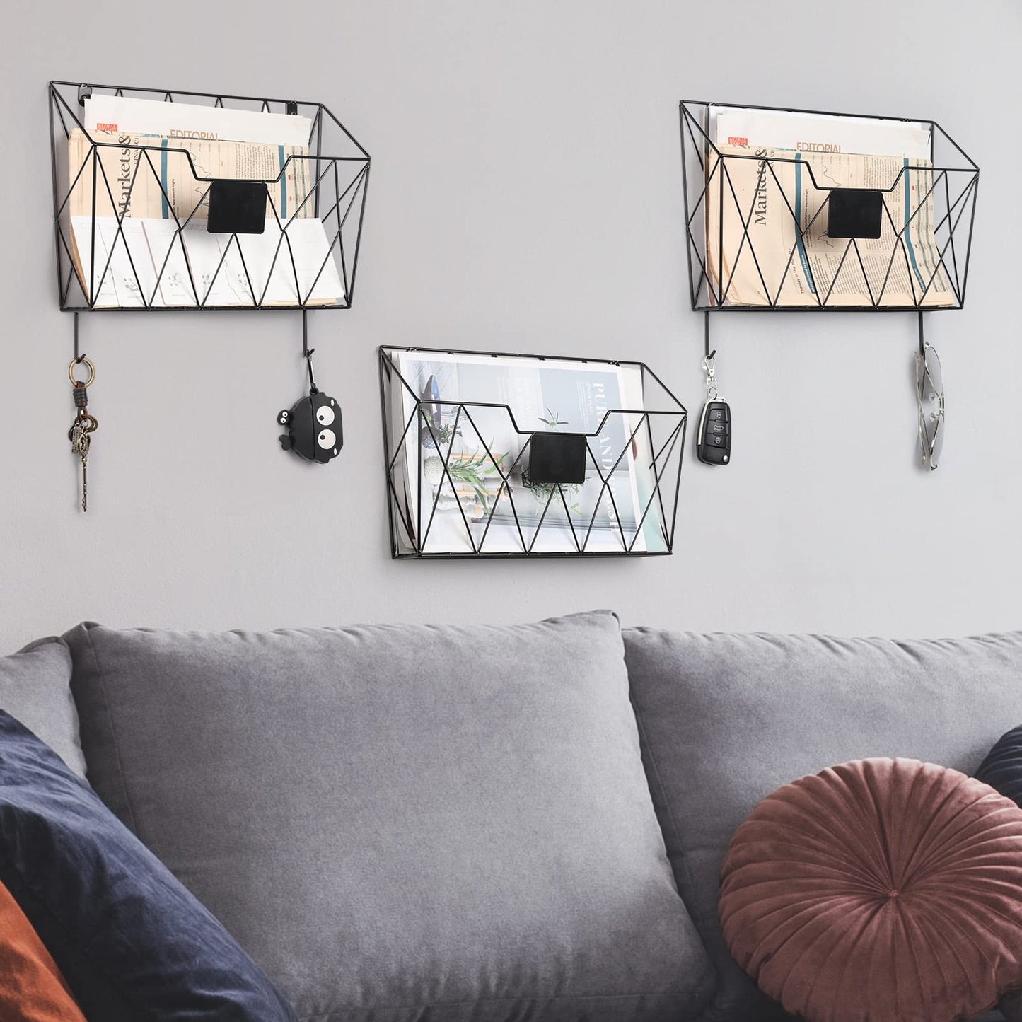 YBING Wall File Organizer for Office Hanging Wall File Holder and Basket Set of 3 Wall Mounted File Rack with Hooks Metal Wall Storage for Office Living Room, Black