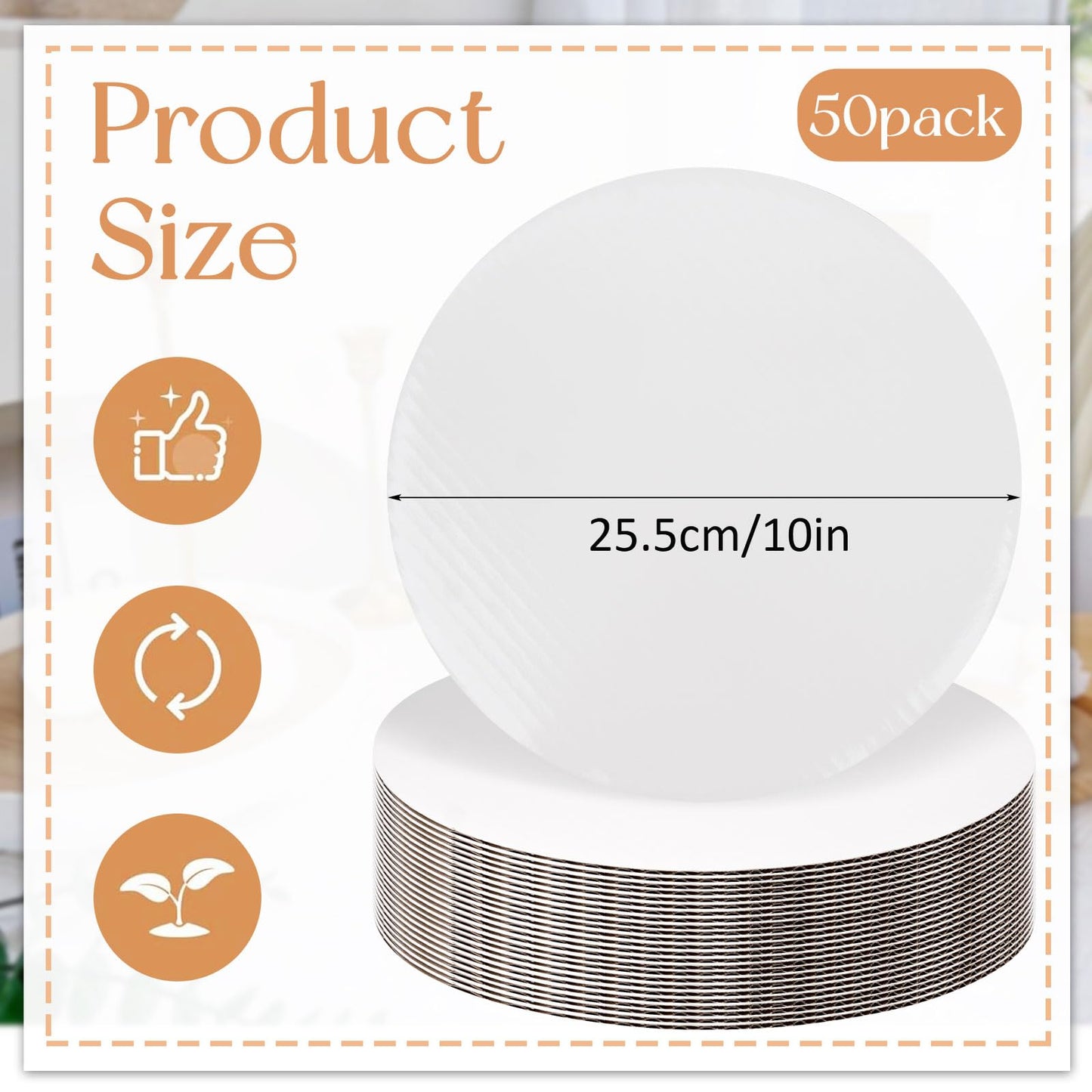 50 Pack Cake Boards Round 10 Inch Disposable Cardboard Cake Circles Baking Mats for Decorating, Displaying & Packaging Cakes Pies Pizzas