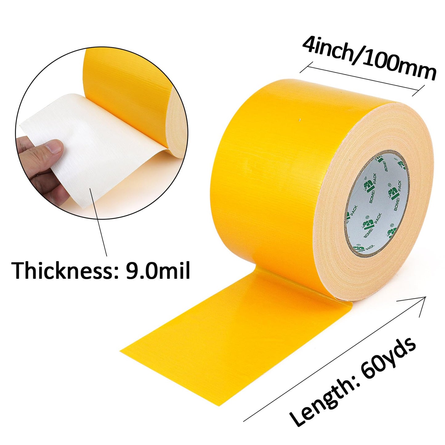 BOMEI PACK 4inch Wide Yellow Duct Tape, Heavy Duty Strong Waterproof Industrial Color Duct Tape 9.0mil x 4inch x 60yds for Packing and Repairing