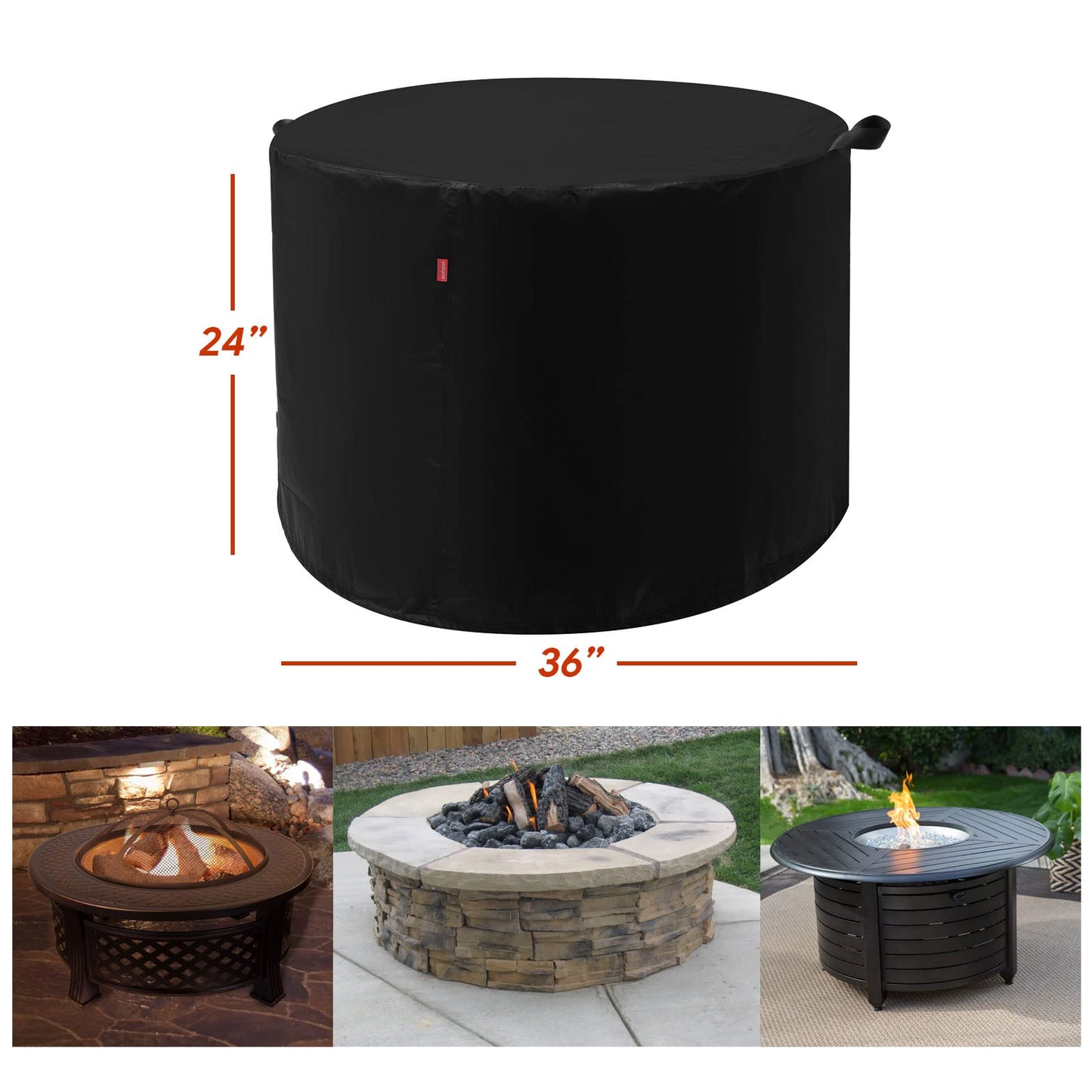 Round Gas Fire Pit/Table Cover - Heavy Duty 600D Polyester with PVC Coating Material, 100% Weather Resistant and Waterproof Black - 36x 24 Inches, Outdoor