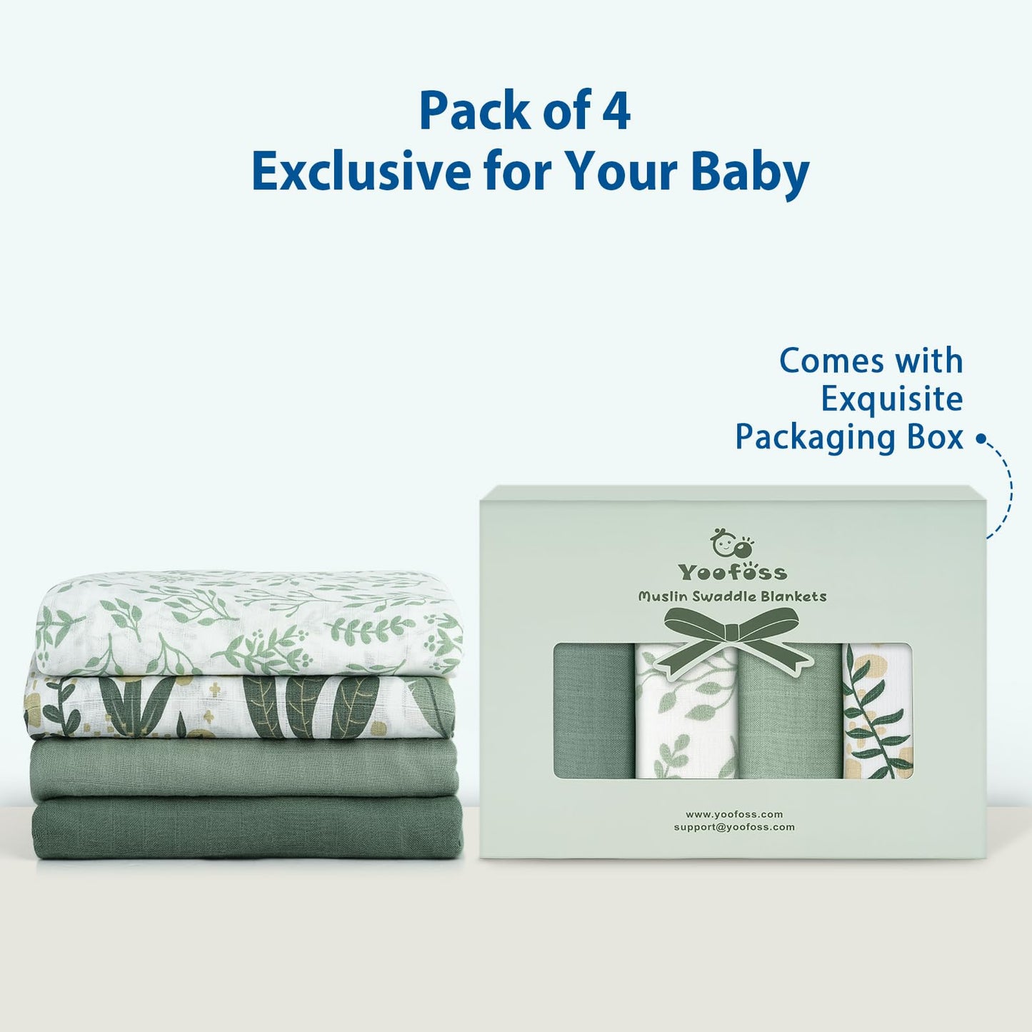Yoofoss Muslin Swaddle Blankets, 4 Pack Receiving Blankets for Boys and Girls, 47 x 47 Inches Muslin Baby Blankets Soft Breathable - Green