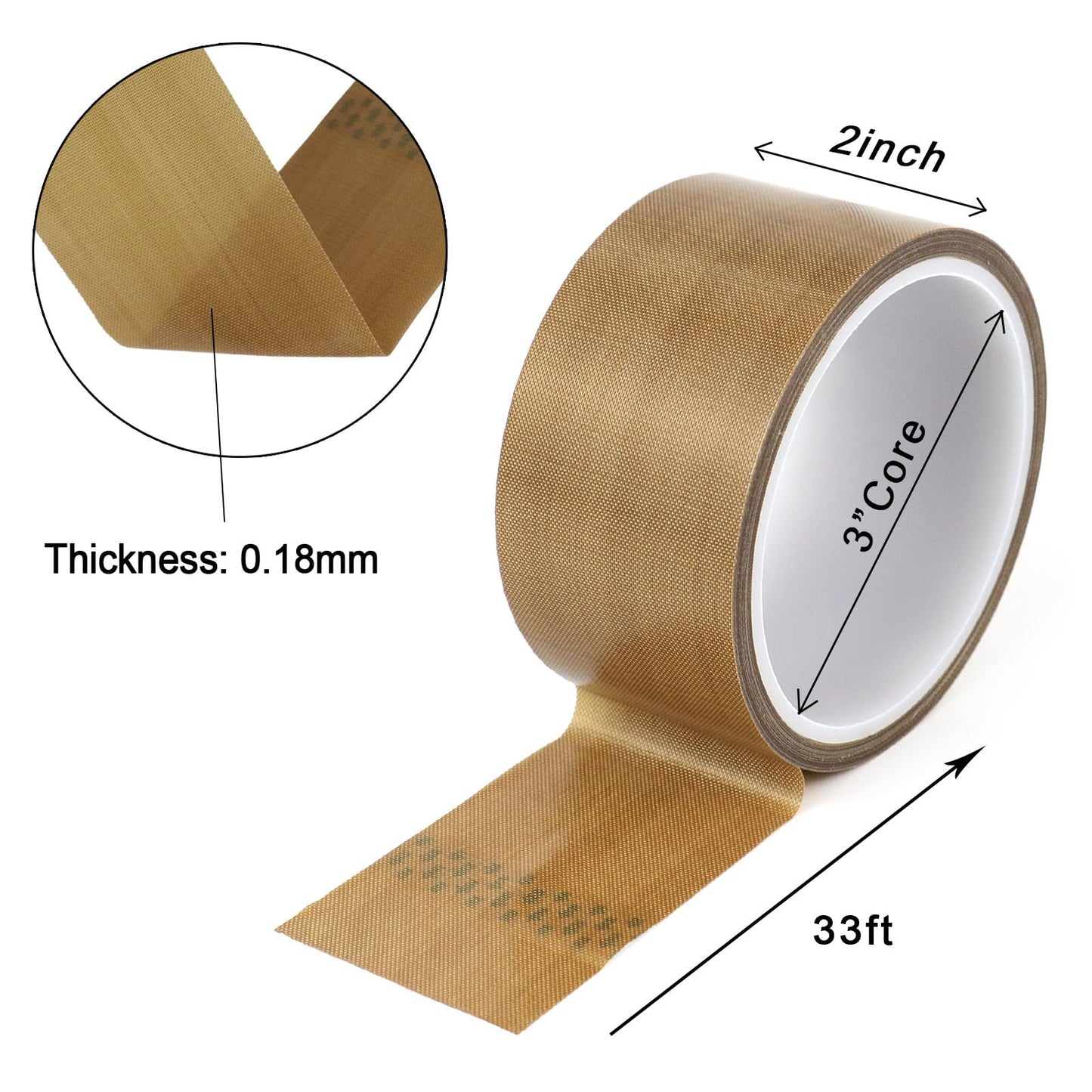 BOMEI PACK High Temperature PTFE Teflon Fabric Tape, PTFE Coated Fiberglass Adhesive Tape for Vacuum Sealer Machine, Hand Impulse Sealers Insulation, 0.18mm x 2inch x 33feet
