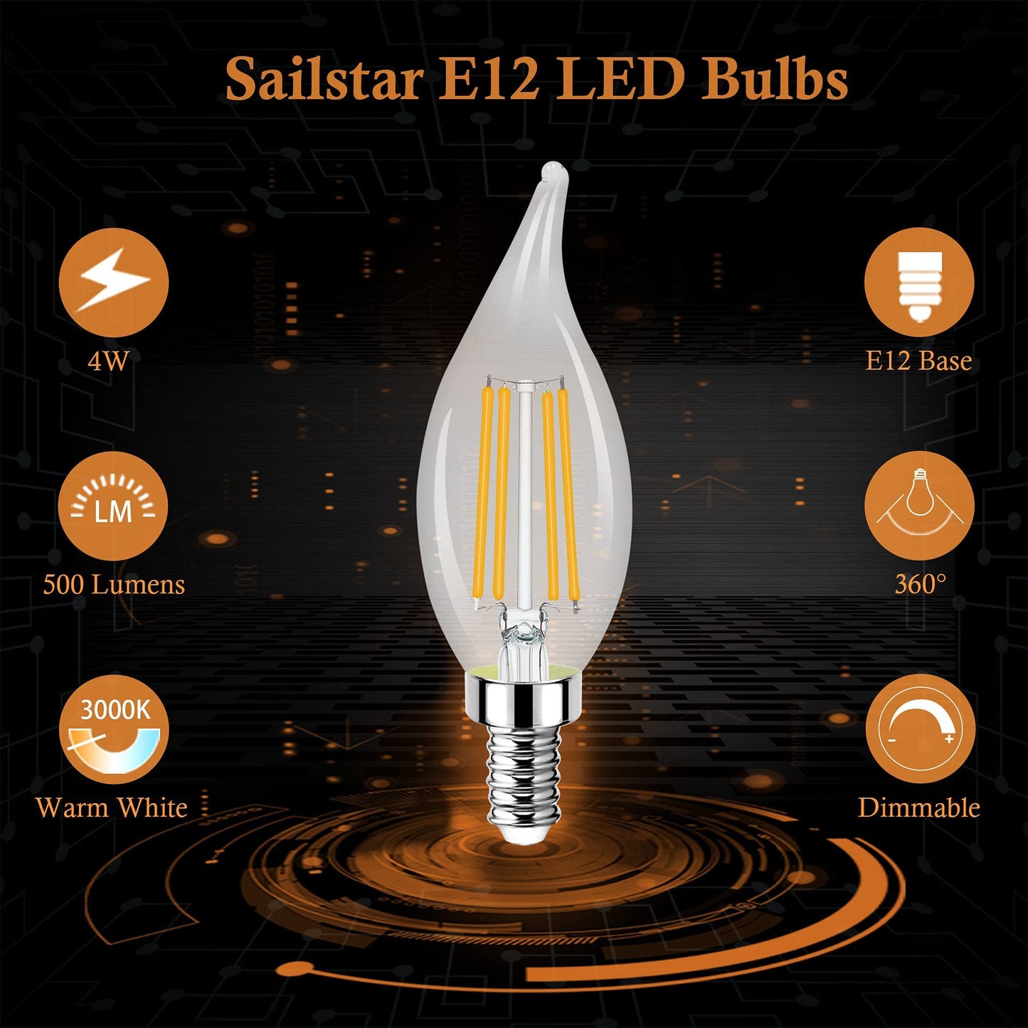 Sailstar E12 Candelabra Bulb 60 Watt Equivalent, Dimmable E12 LED Bulb 3000K Warm White, 60W Candelabra LED Light Bulbs Flame Tip, 4W LED Candelabra Bulbs for Chandelier, 500LM, 120V, CRI 85, 10 Pack