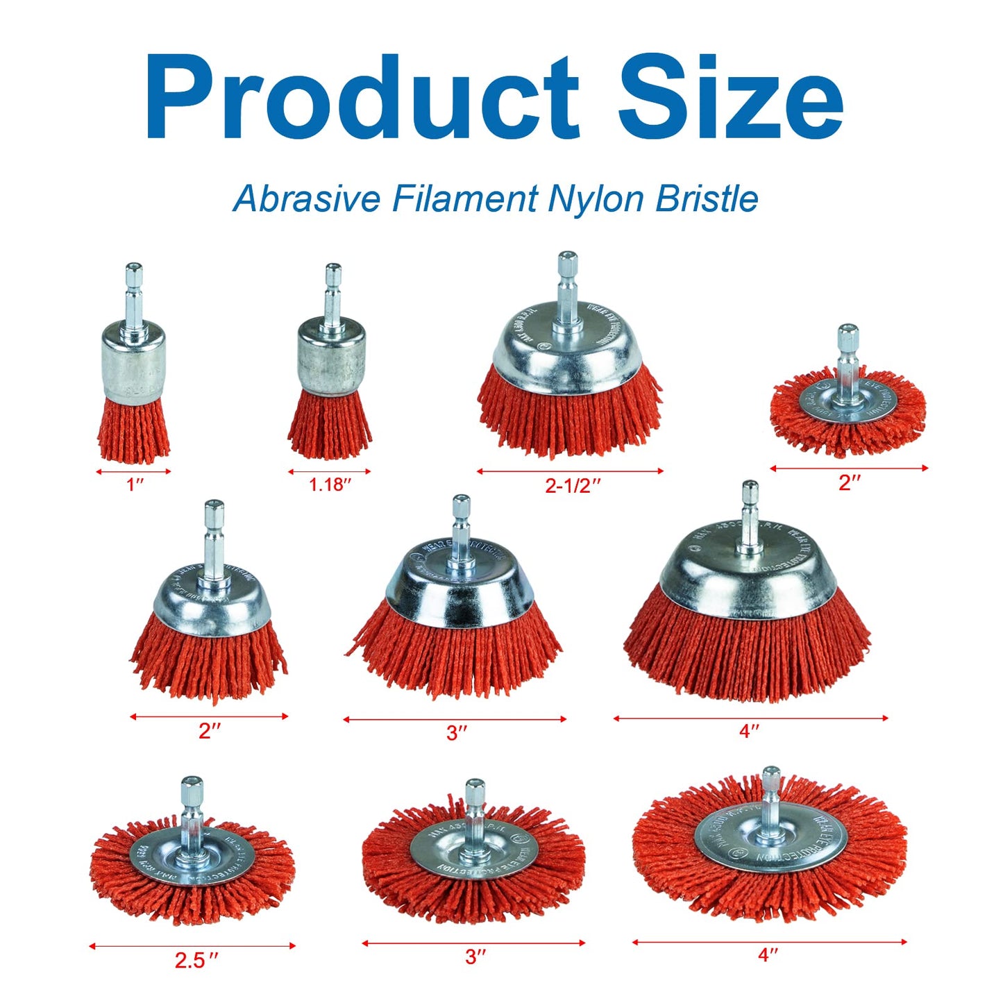 SALI 10 Pack Nylon Filament Abrasive Wire Brush Wheel & Cup Brush Set with 1/4 Inch Hex Shank, 4 Sizes Nylon Drill Brush Set for Removal of Rust Corrosion Paint