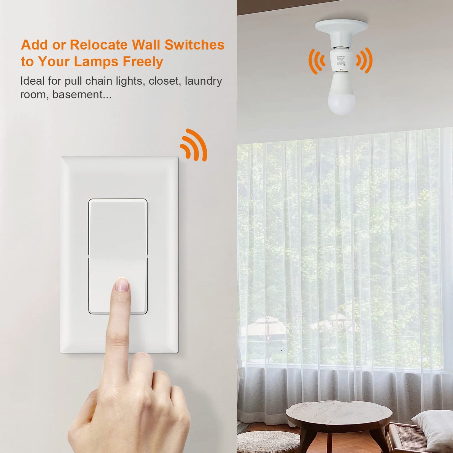 Suraielec Remote Control Light Bulb Socket, Wall Mount Switch, E26 E27 Lamp Socket, No Wiring, 100FT Range, Wireless Light Switch for Lamps, Pull Chain Light Fixture, Pull String (Shorter Version)