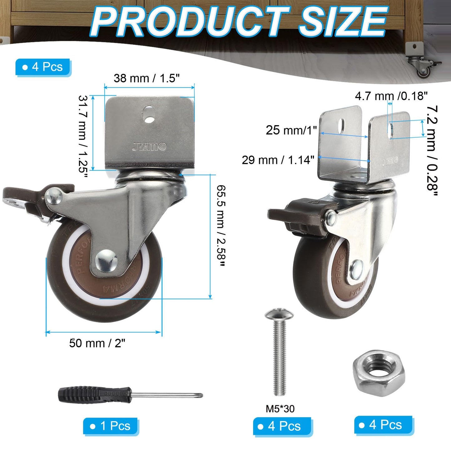 PATIKIL 2" Swivel Caster Wheels with 1" U Bracket, 4 Pack 360° Rotation Swivel Wheel with Brake Total Load 165lbs Locking Caster for Cabinet Furniture Table Replacement