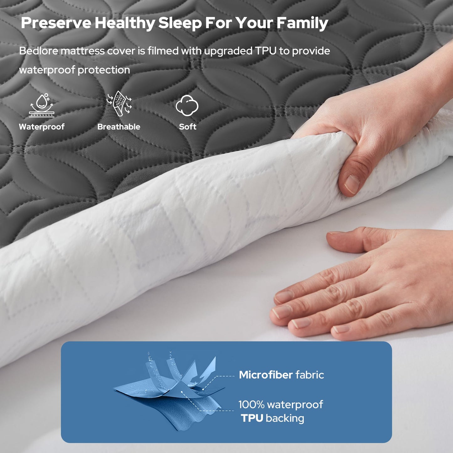 BEDLORE Waterproof Mattress Protector, Twin Size Mattress Pad with Deep Pocket 6"-18" Depth, Soft & Breathable Dirt-Proof Single Bed Mattress Cover for Kids Teenager Bedroom, Dorm Room (Gray)
