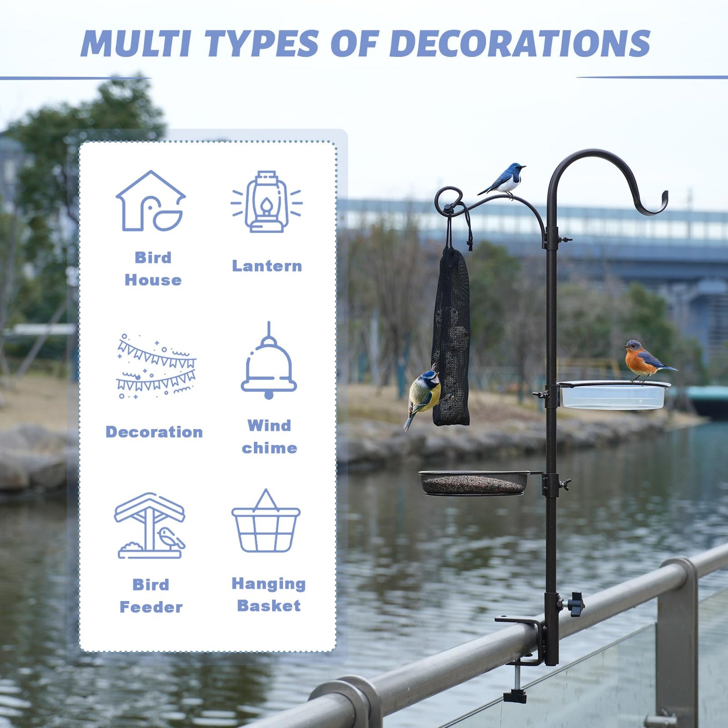 Deck Bird Feeders Deck Hook Bird Feeder Pole Bird Feeding Station,Premium Multi Feeder Hanging Kit with Bird Bath Sock Feeder for Attracting Wild Birds Planter Hanger