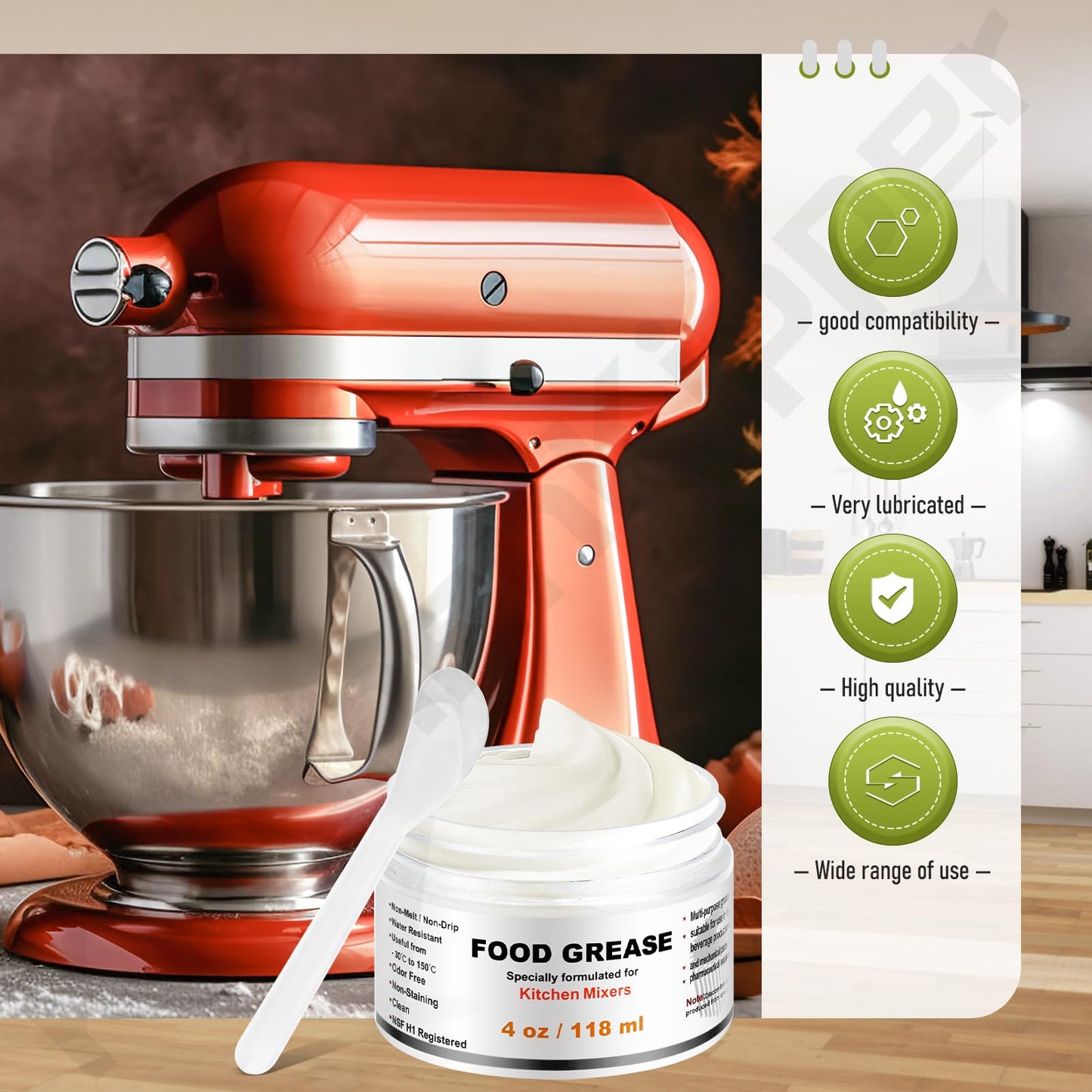 4 Oz Food Grade Grease for Kitchenaid Stand Mixer, Universally Compatible with Kitchen Stand Mixers - Equipped with 9709511 4162324 Gasket and Spatula