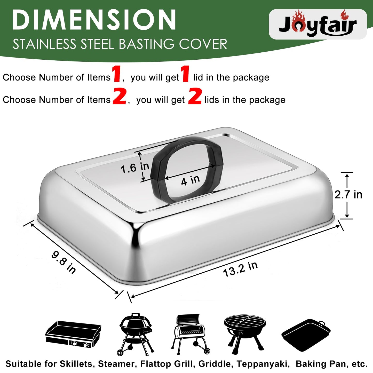 1Piece 13 x 9.8 Basting Cover for Griddle, Joyfair Rectangular Cheese Melting Dome, Stainless Steel Melt Lid for Outdoor Flat Top Grill, Heat-Resistant Handle & Dishwasher Safe (No Vent)