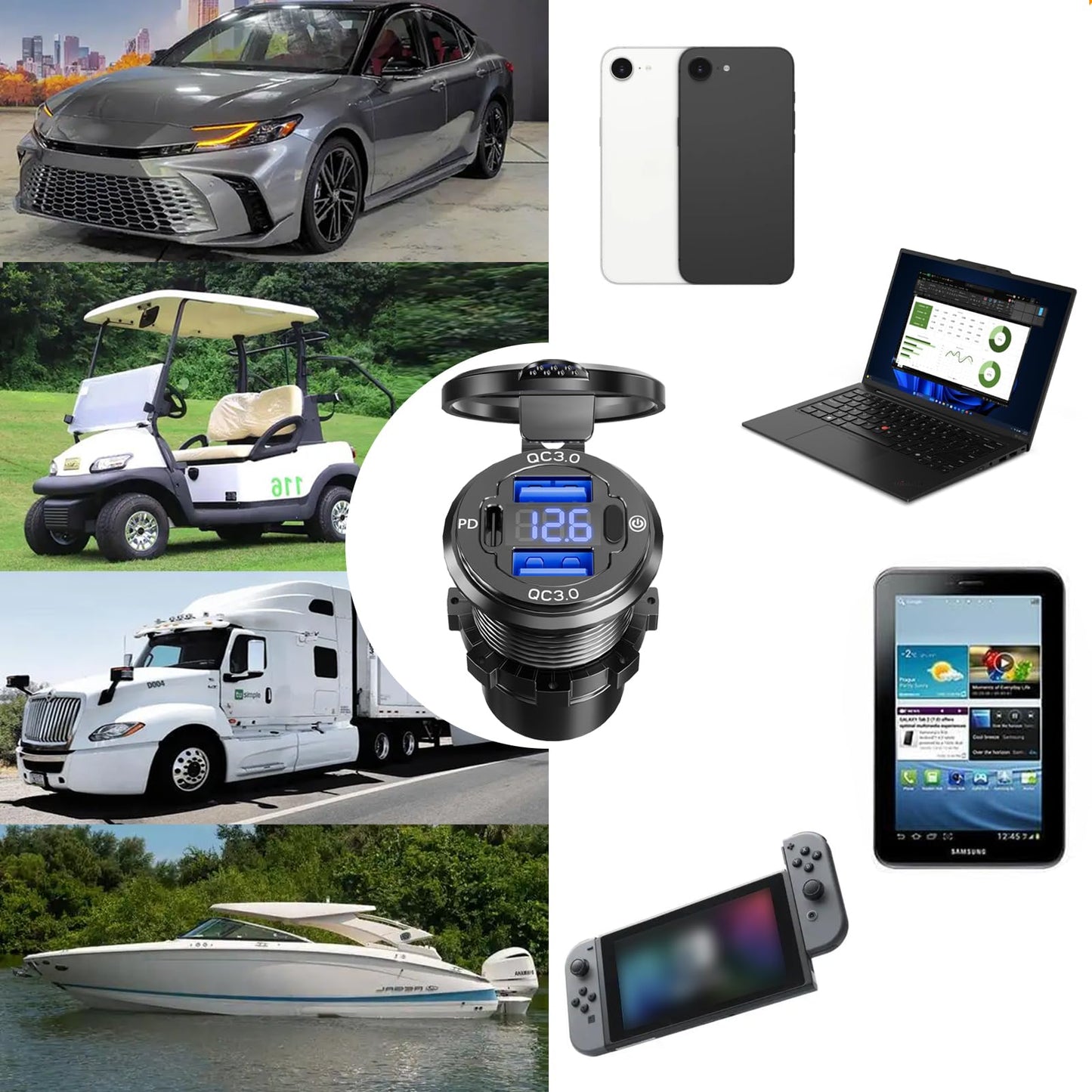 12V USB Outlet, VANONE Aluminum Alloy Dual 36W PD USB C Ports & 18W QC3.0 USB Charging Port 12 Volt Outlet Charger Socket, Accessories for Car Boat Marine Motorcycle RV ATV Truck Golf Cart, etc