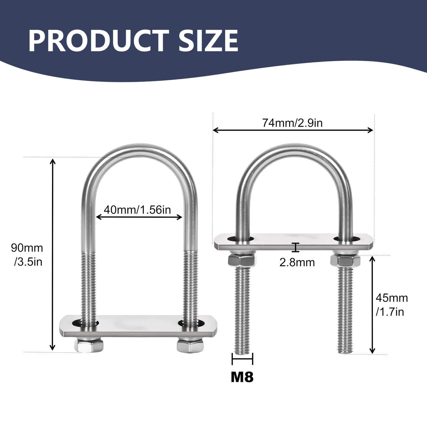 SRZTXU 4 Sets M8 U-Bolts,u-Bolts 1.5" (40mm) Wide,304 Stainless Steel u-Bolts,with Nuts,Bolt Plate and washers (4, M8 x 40mm x 90mm)