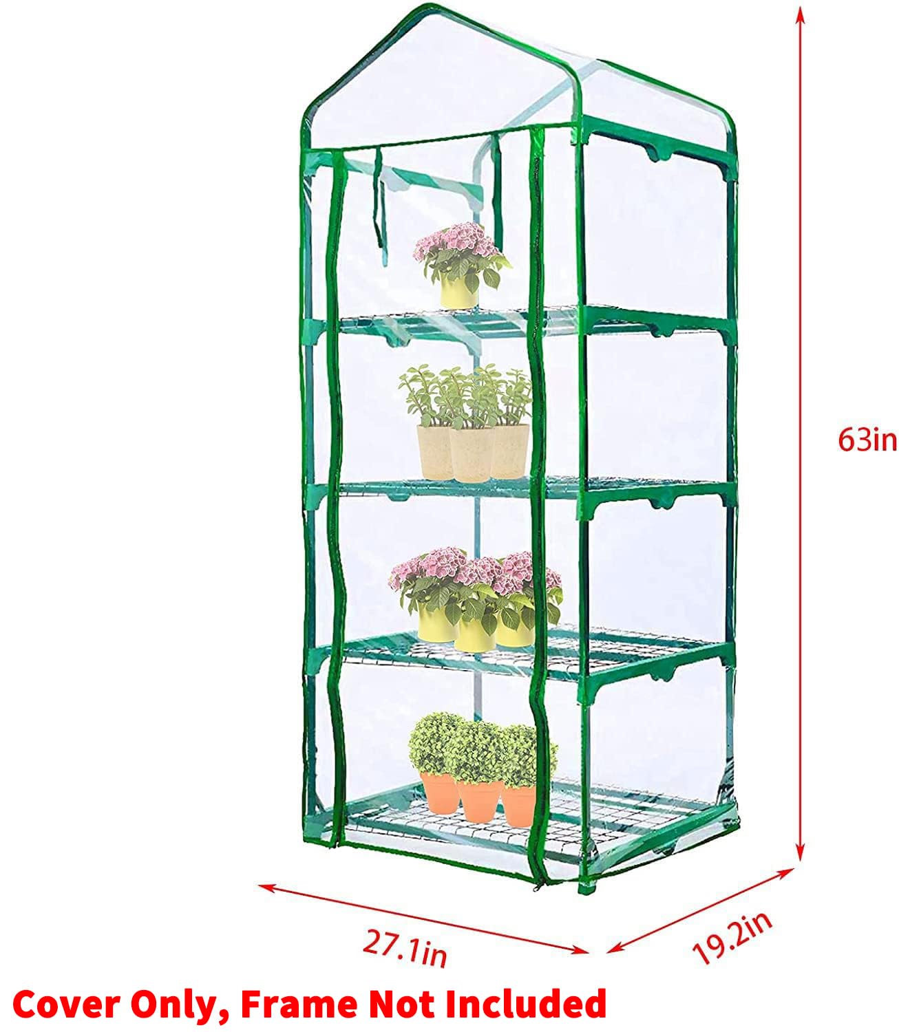 SHANGXING 4 Tier Roll-Up Zipper Door Greenhouse Replacement Cover- 63 x 27 x 19 Inch Clear PVC Plant Greenhouse Cover for Gardening Plants Cold Frost Protection Wind Rain Proof (Frame NOT Include)