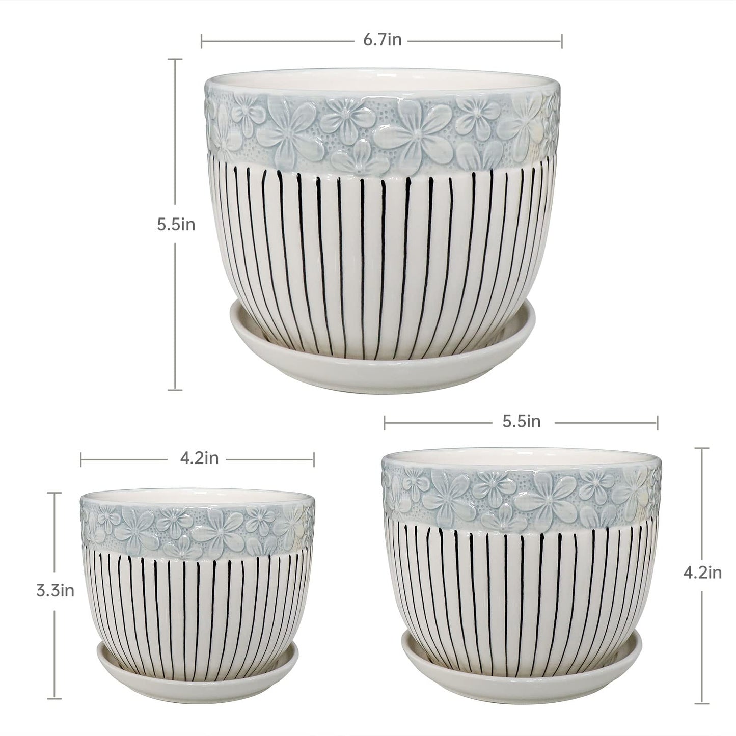 Ton Sin Grey Flower Pots,Texture Planter for Indoor Plants Set of 3 Ceramic Flower Pots with Saucer,Cute Garden Pots Succulent Pots(3 Pack,Grey