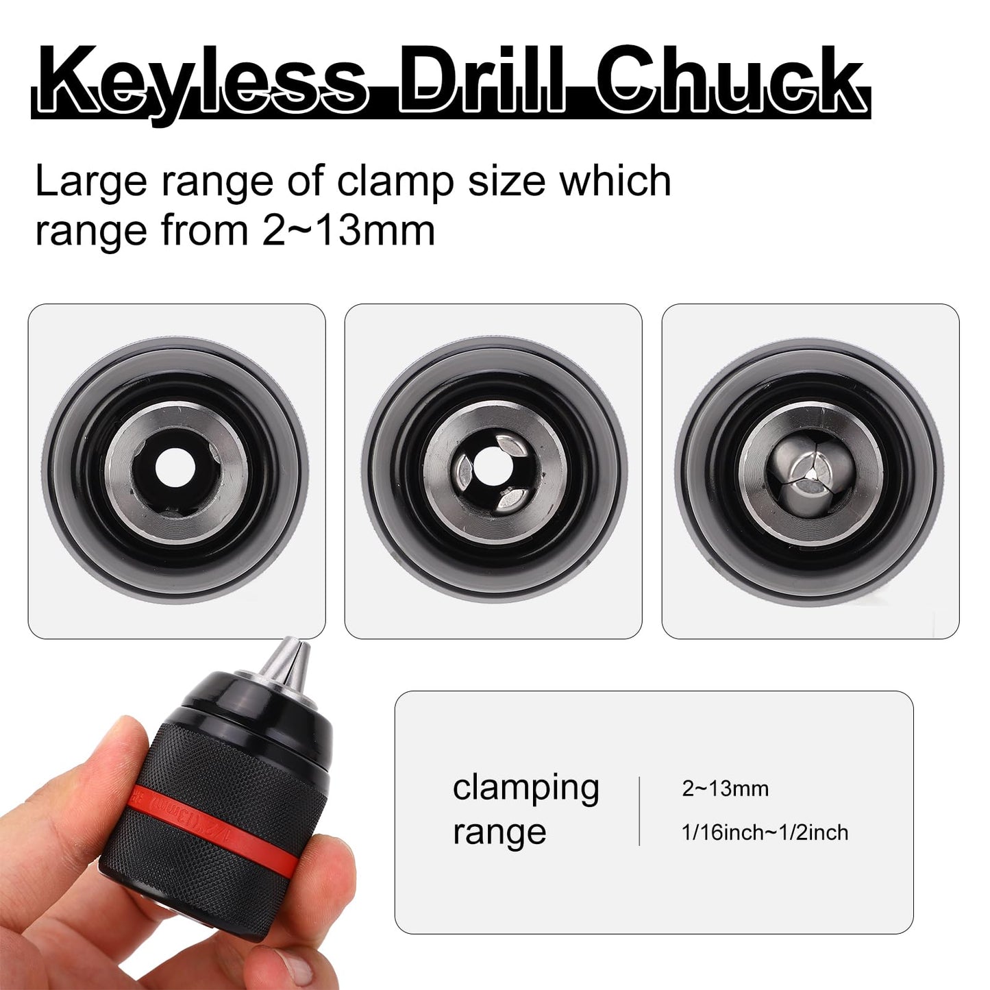 Drill Chuck Keyless, Multi Quick Change Keyless Hand Drill Chuck, 1/2-20UNF Mount 2-13mm Self-Tightening Drill Chuck Adapter for Multiple Purposes Power Drill, Engine Driven Drill, Handheld Drill