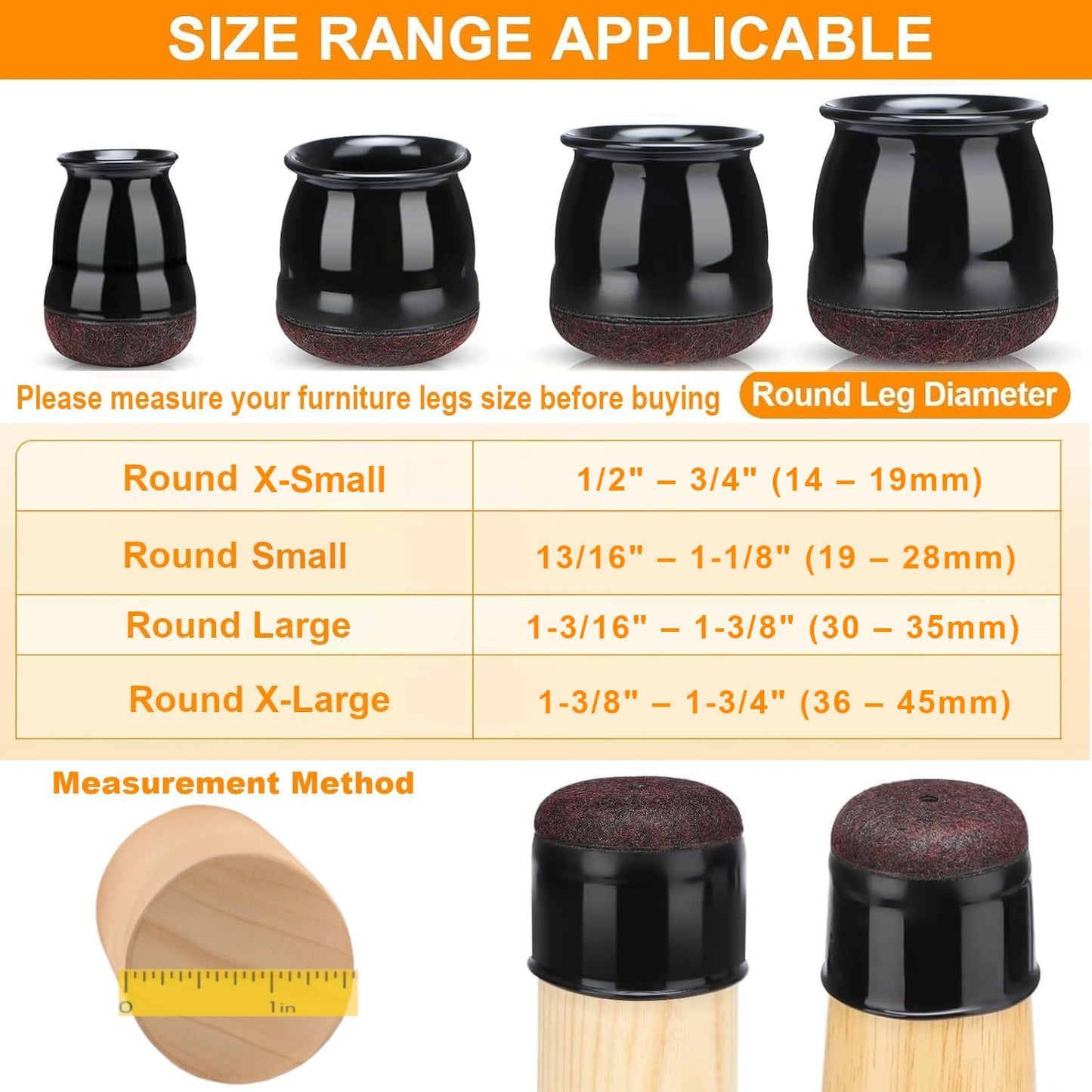 32 PCS Chair Leg Floor Protectors - Extra Small Black Caps for Round Legs (14―19mm / 1/2"―3/4") Anti Scratch