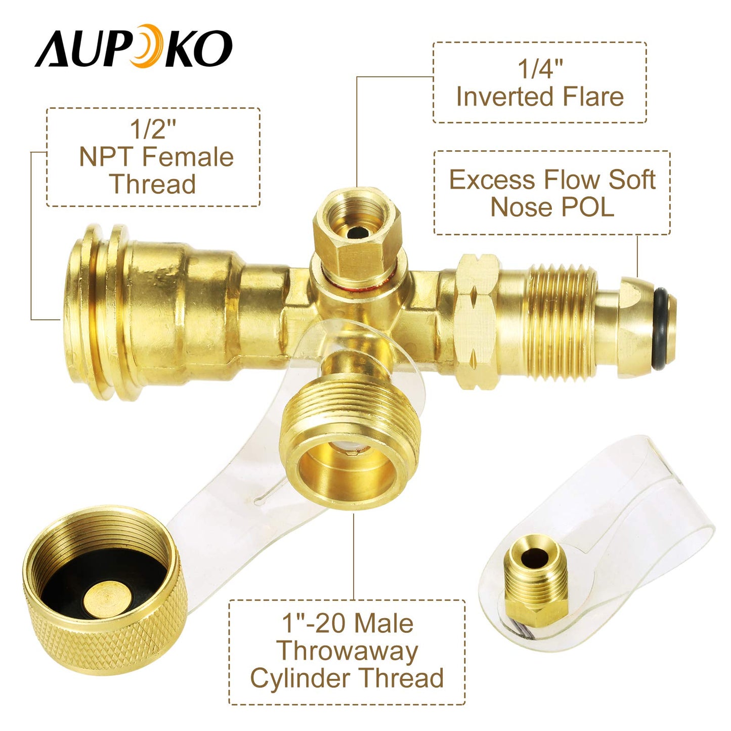 Aupoko 4 Port Propane Tee Adapter, Propane Cylinder Brass Tee Adapter Fitting for Motorhomes Tank RV Camping