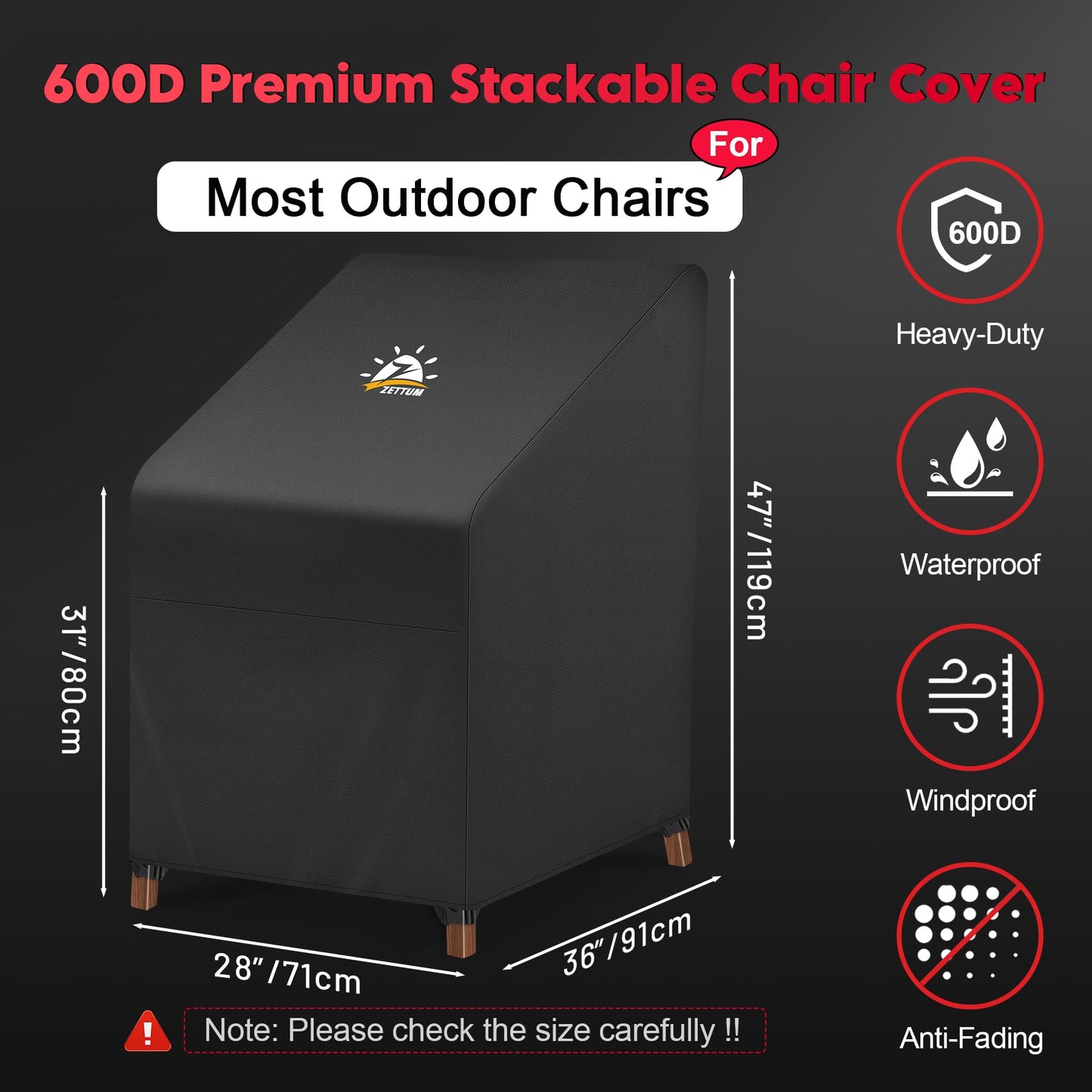 Zettum Stackable Patio Chair Cover - 600D Outdoor Chair Cover Waterproof & Heavy Duty, Lawn Furniture Stacking Seat Cover for 4-6 Outdoor Stackable Dining Chairs - 28 x 36 x 47 Inch