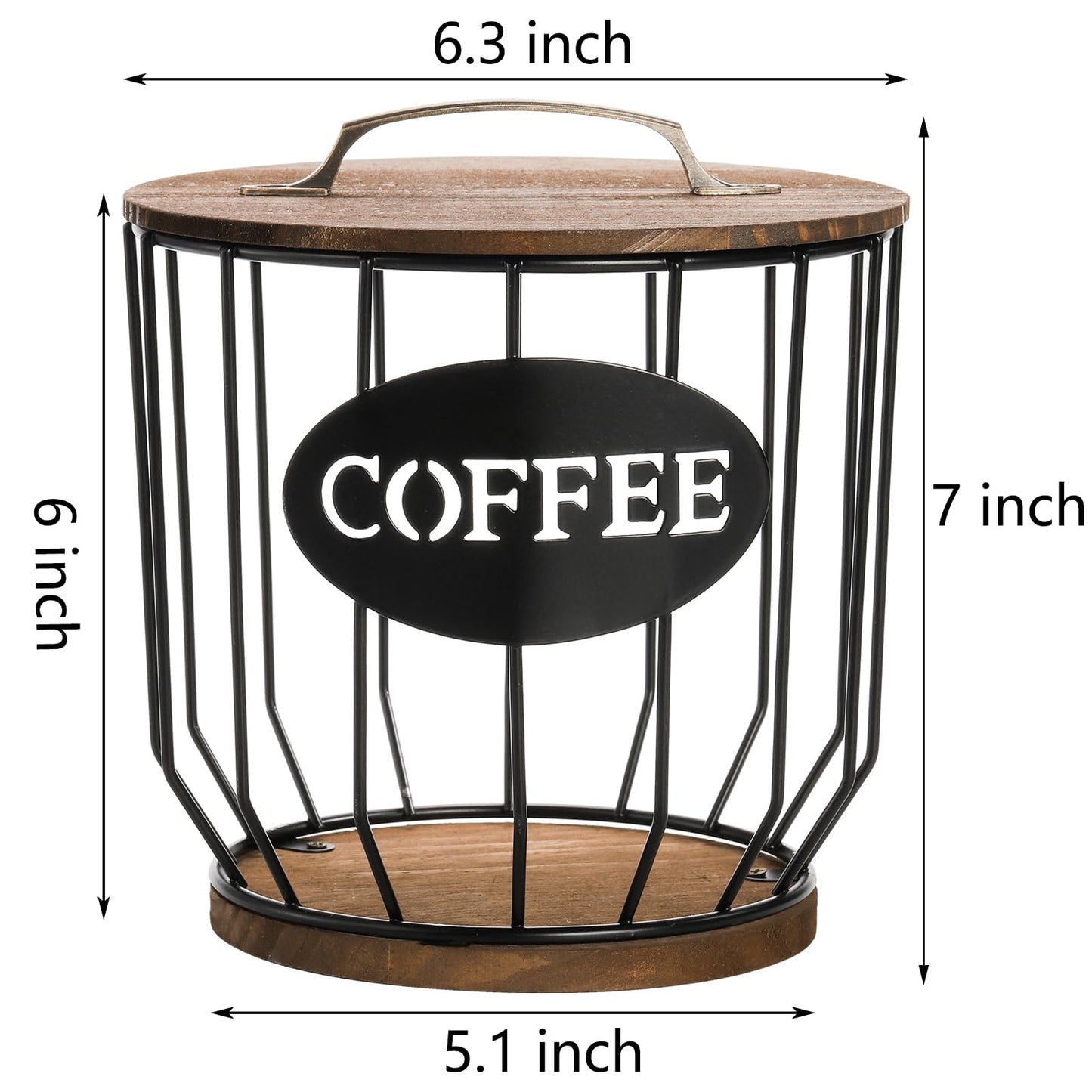 yarlung Coffee Pod Holder with Lid, Large Capacity K Cup Holder with Rustic Wooden Base, Black Wire Coffee Storage Basket for Kitchen Countertop, Cafe Bar Organizer