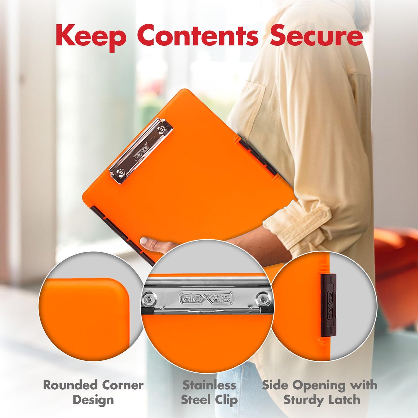 Dexas Slimcase 2 Plastic Clipboard with Storage and Side Opening, Neon Orange, Office Supplies Clipboards to Organize, Carry and Store, A4 Holder, Style and Functionality Nursing Clipboards