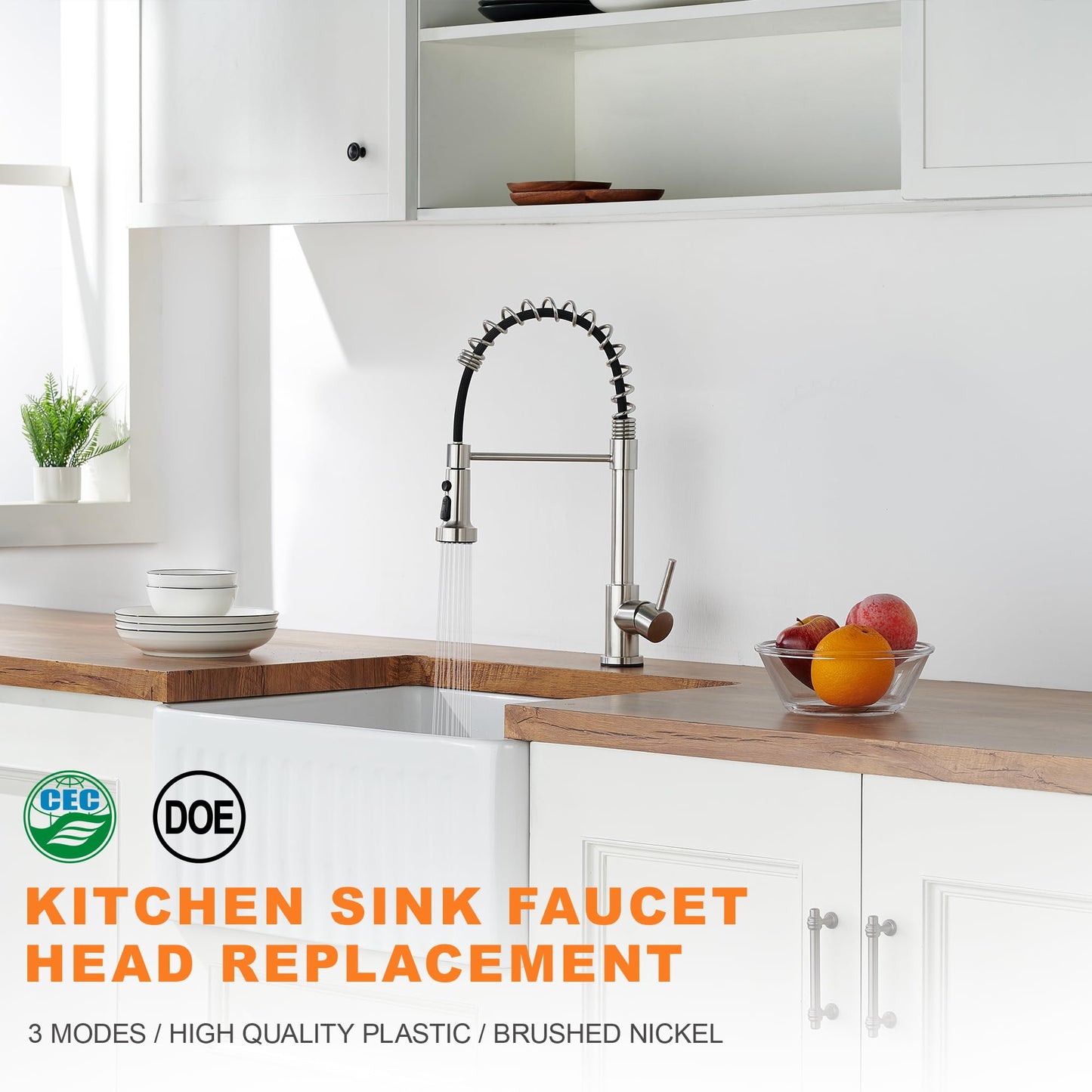 TIORIY Pull Down Spray Head Replacement - for Kitchen Faucet Sprayer Head with 15 Adapters, 3 Function Pull Out Faucet Spray Nozzle, Brushed Nickel