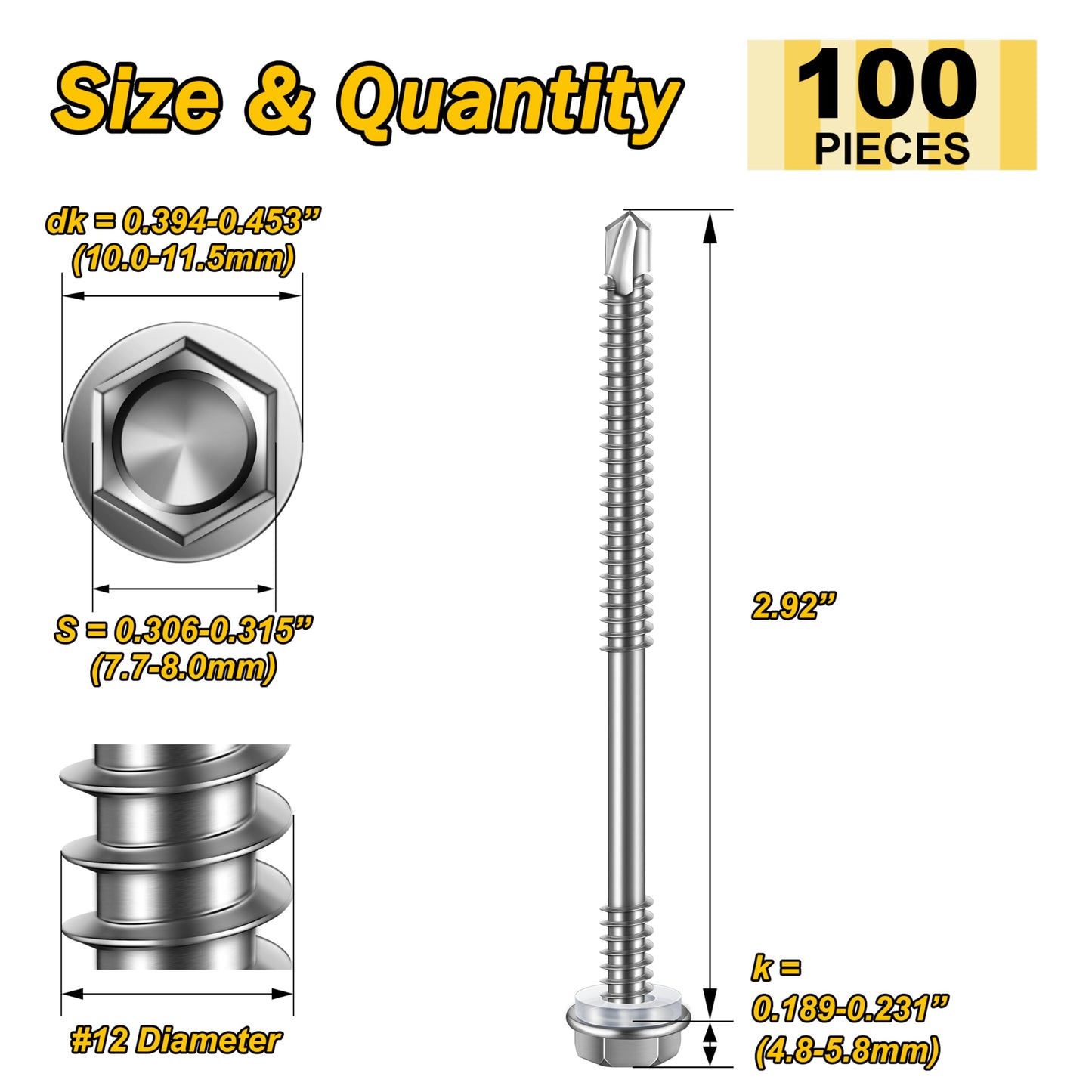 Mywish 100pcs #12×3" Self Drilling Screws for Metal, Self Tapping Screws for Metal 410 Stainless Steel, Hex Washer Head Sheet Metal Tek Screws, High-Strength