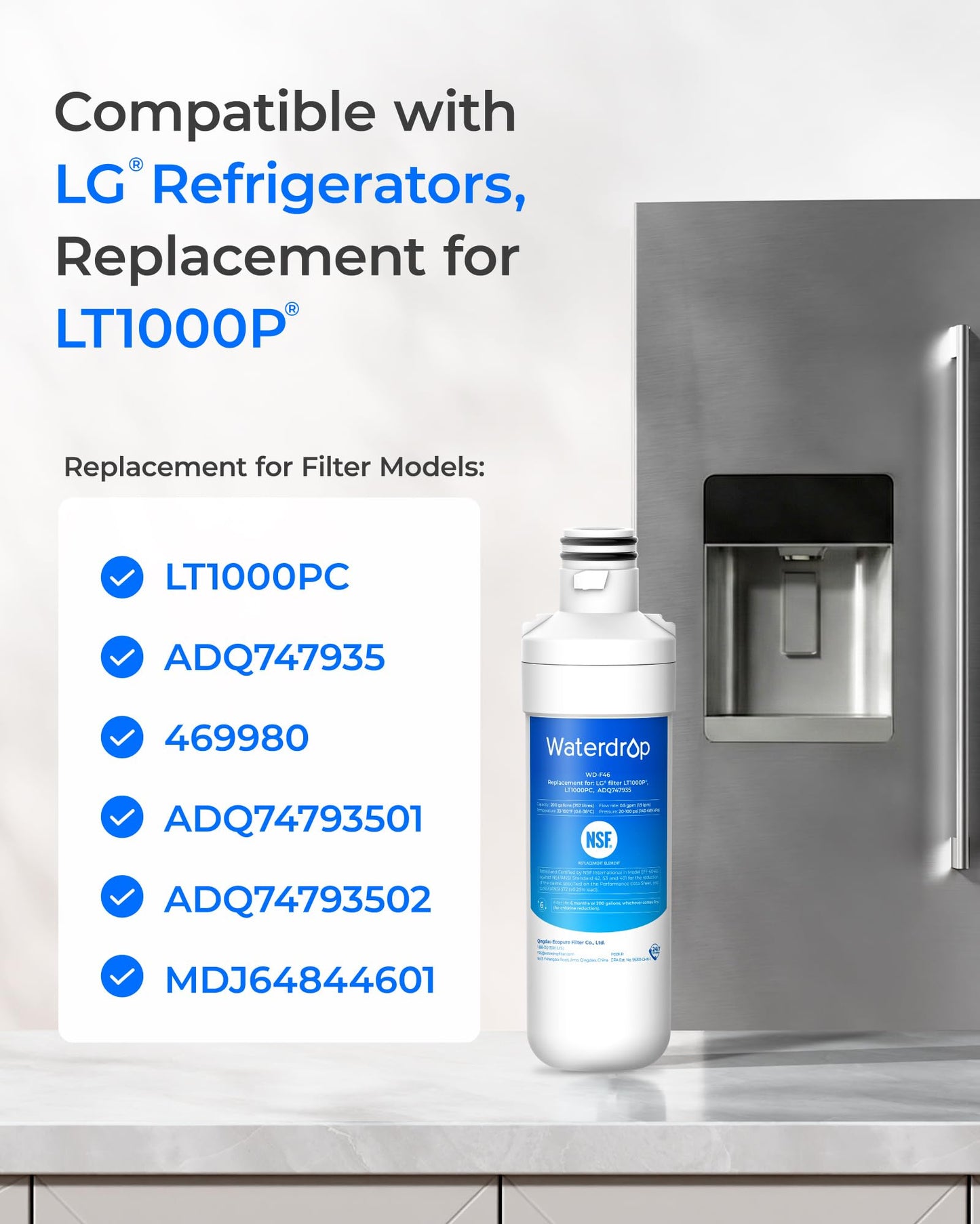 Waterdrop LT1000PC ADQ747935 Refrigerator Water Filter and Air Filter, Replacement for LG® LT1000P®, LMXS28626S, LFXS26973S, LFXS26596S, LFXS28596S, ADQ74793501, ADQ74793502 and LT120F®, 2 Combo