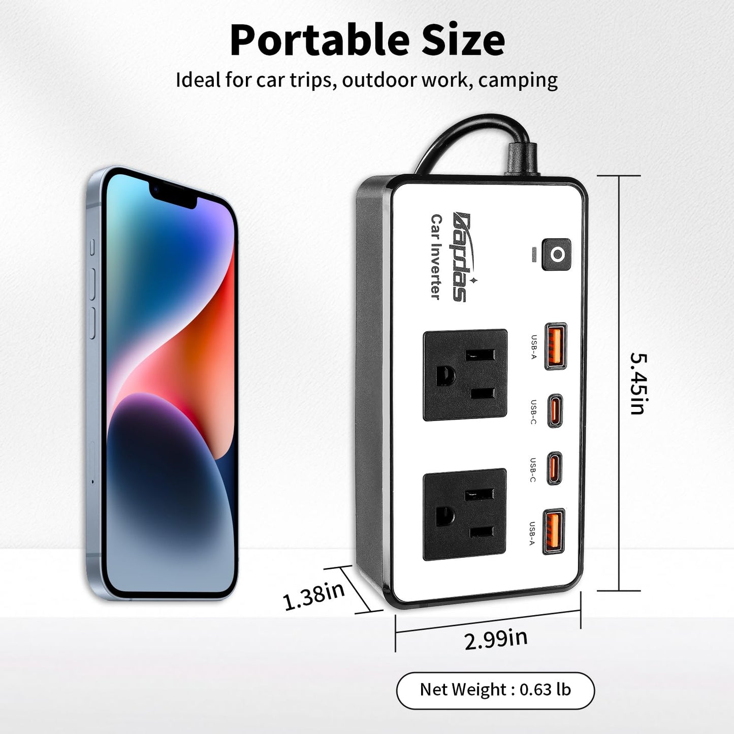 300W Car Power Inverter, DC 12V to 110V AC Car Outlet Adapter Plug, 24W Fast Charging USB-C&USB-A, Portable Charger Converter for Laptops, Phones